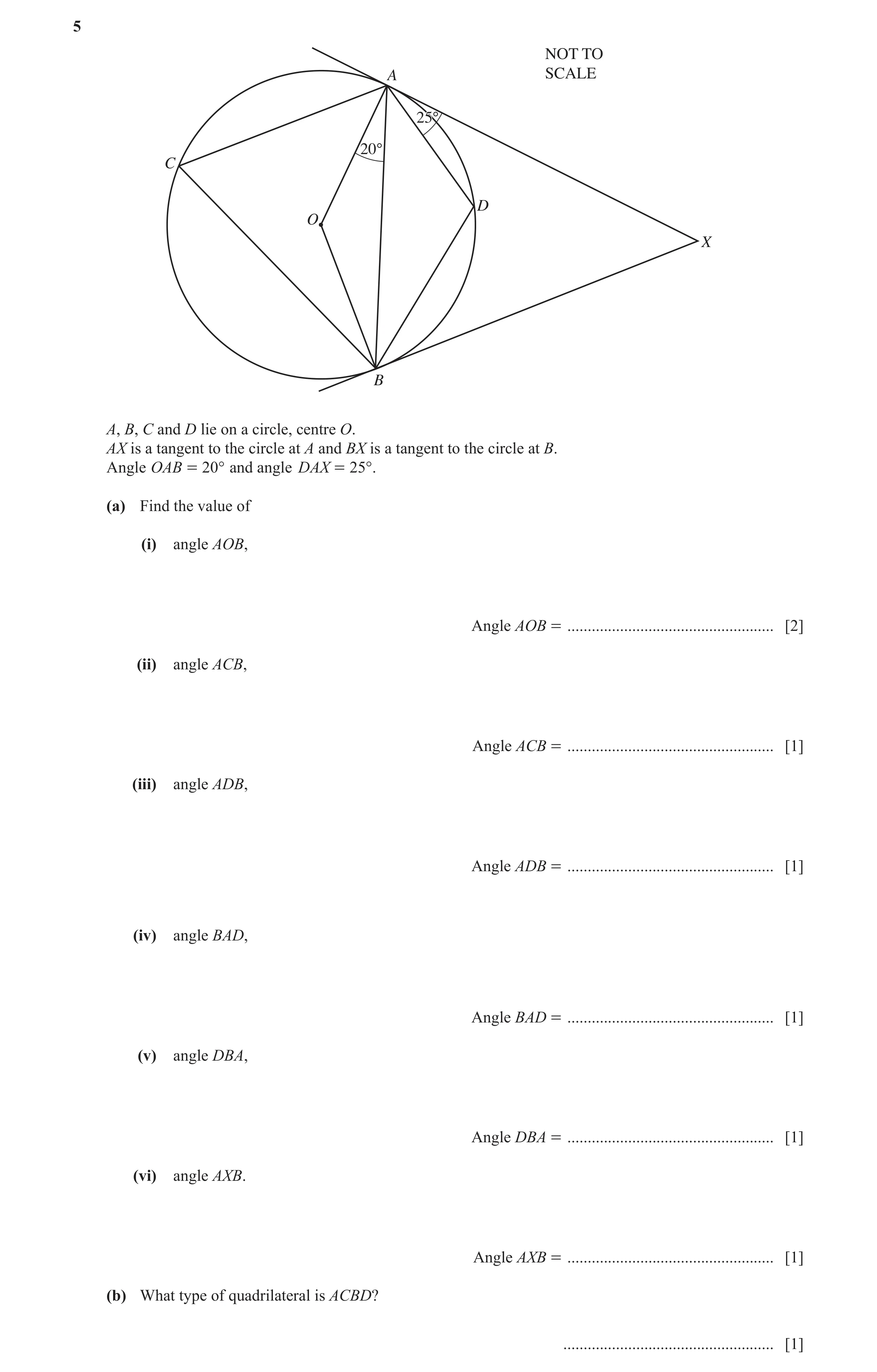Question 4: NOT TO A SCALE 25°25° 20° C D O X B A, B, C and D lie on a circle, centre O. AX is a tangent to the circle at A and BX is a tangent to the …