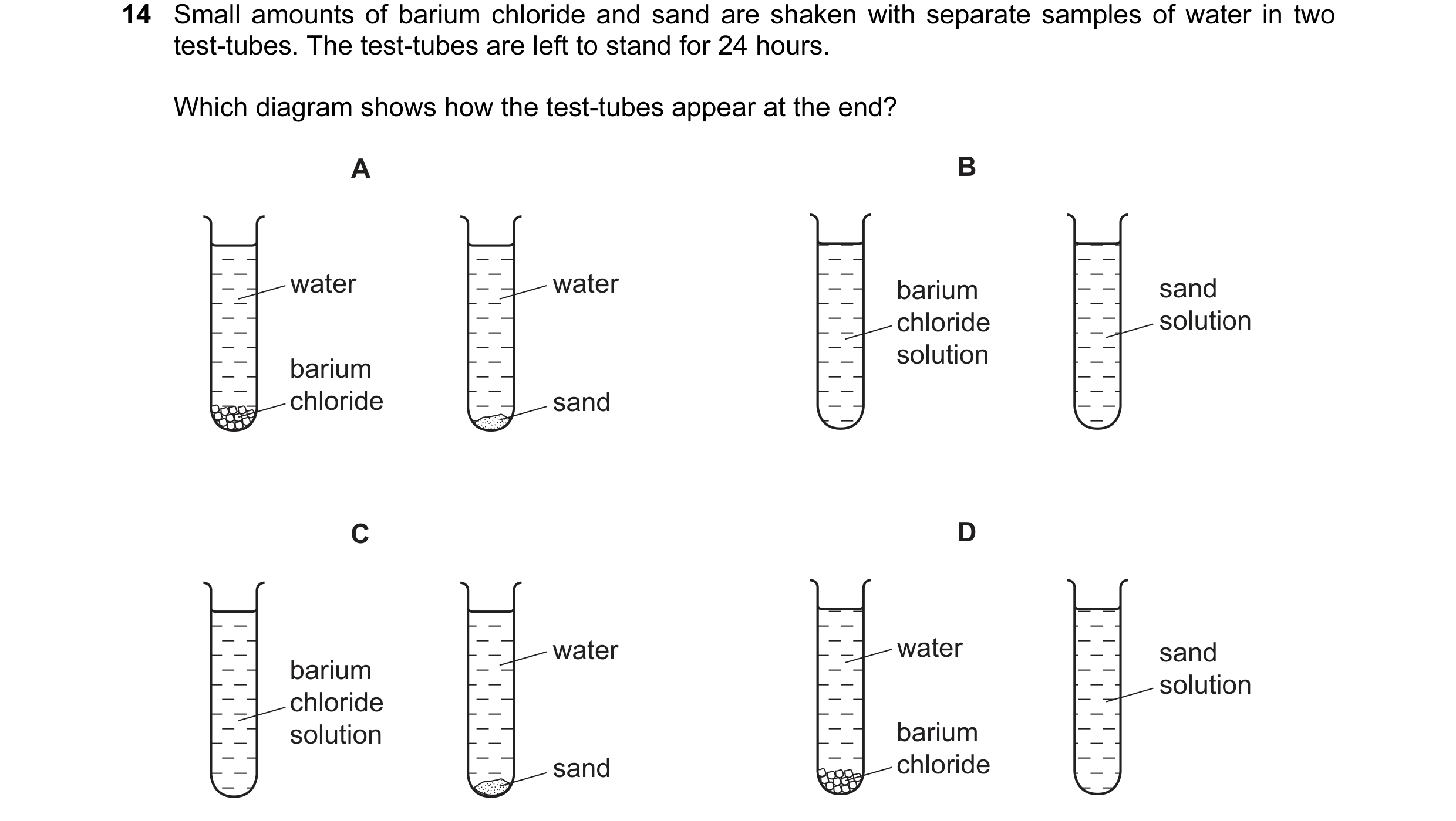 Question 7: Small amounts of barium chloride and sand are shaken with separate samples of water in two test-tubes. The test-tubes are left to stand for…