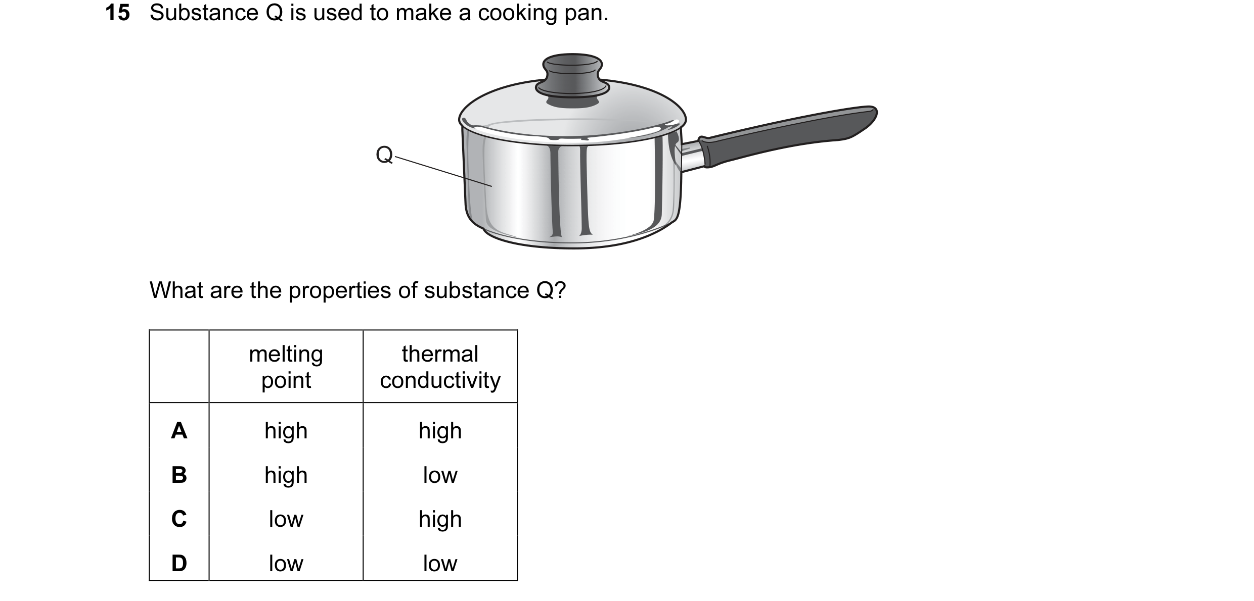 Question 12: Substance Q is used to make a cooking pan. Q What are the properties of substance Q? melting thermal point conductivity A high high B high …