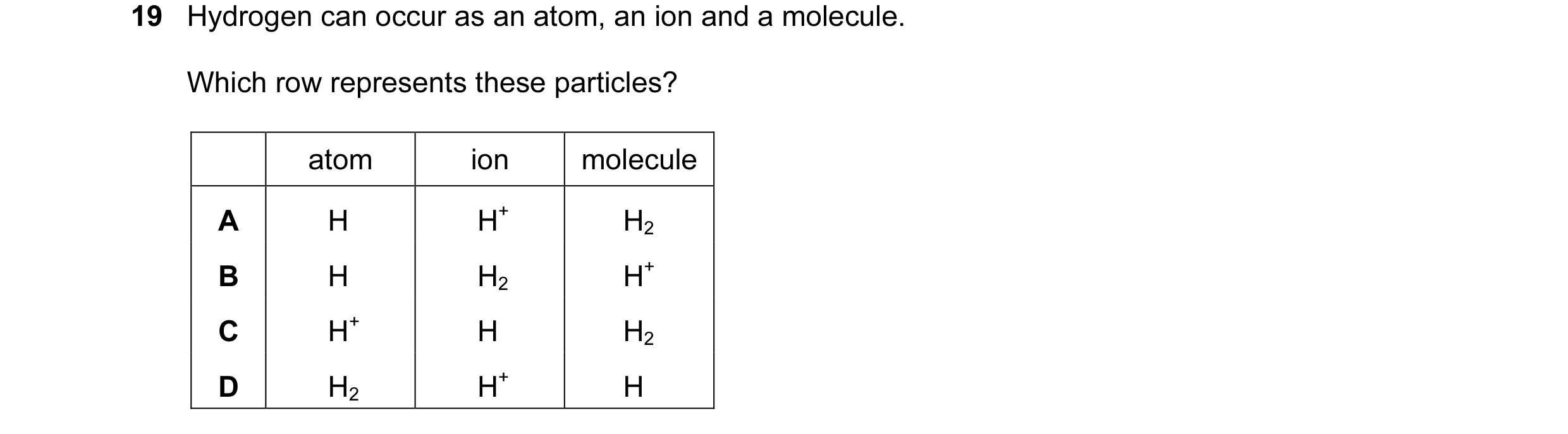 Question 8: Hydrogen can occur as an atom, an ion and a molecule. Which row represents these particles? atom ion molecule A H H+ H2 B H H2 H+ C H+ H H2…
