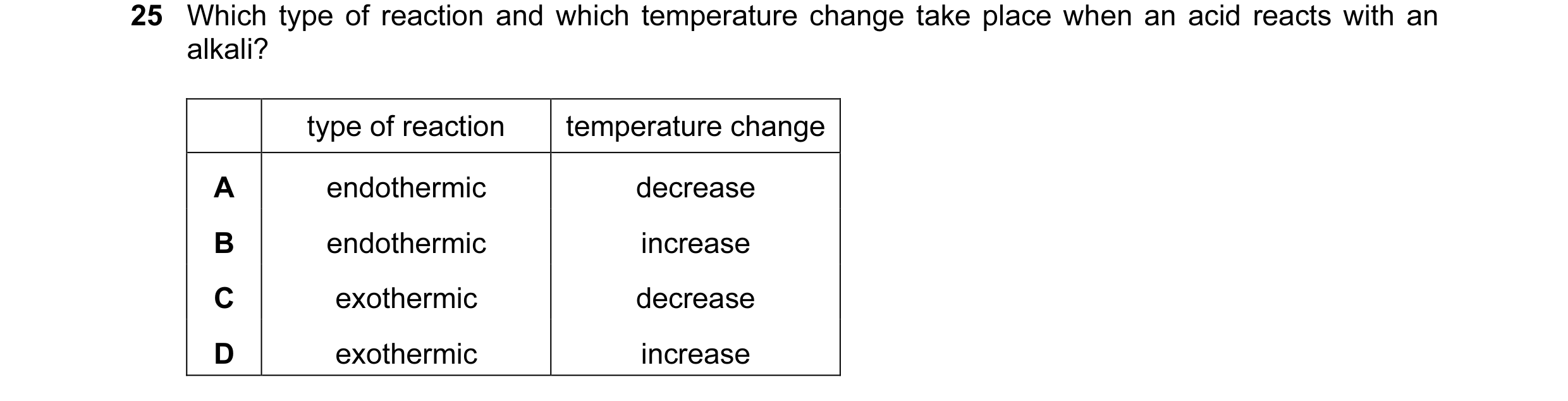 Question 29: Which type of reaction and which temperature change take place when an acid reacts with an alkali? type of reaction temperature change A en…