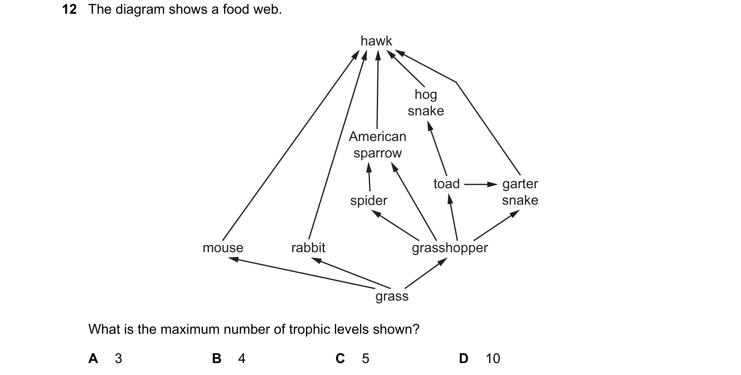 Question 2: The diagram shows a food web. hawk hog snake American sparrow toad garter spider snake mouse rabbit grasshopper grass What is the maximum n…