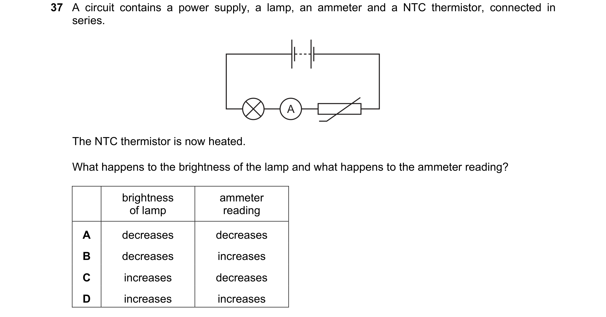 Question 4: A circuit contains a power supply, a lamp, an ammeter and a NTC thermistor, connected in series. A The NTC thermistor is now heated. What h…