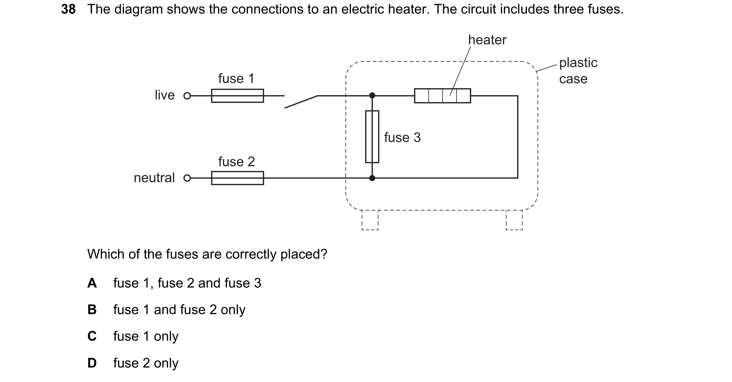 Question 1: The diagram shows the connections to an electric heater. The circuit includes three fuses. heater plastic fuse 1 case live fuse 3 fuse 2 ne…