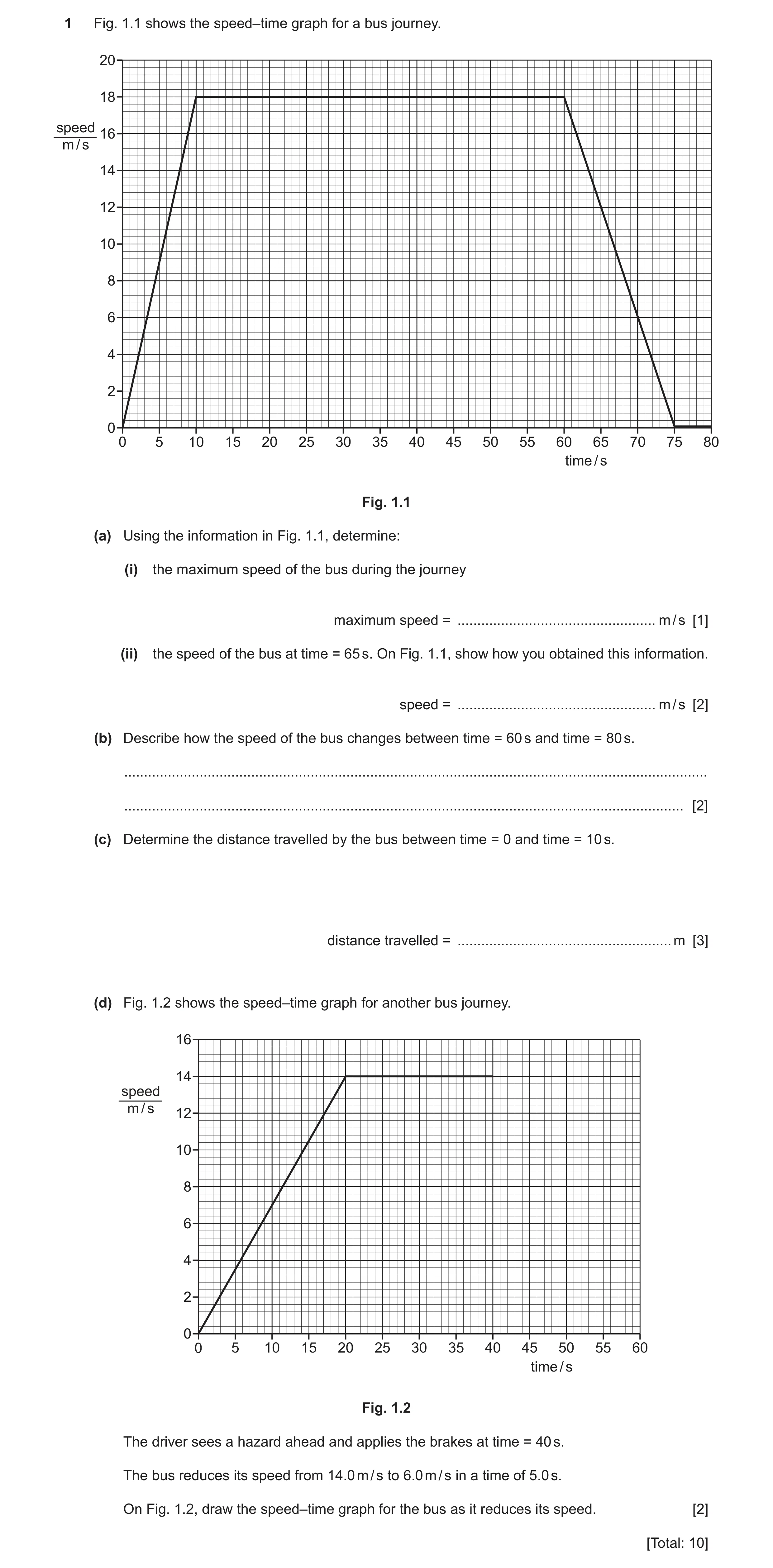 Question 56: Fig. 1.1 shows the speed–time graph for a bus journey. 20 18 speed 16 m / s 14 12 10 8 6 4 2 0 0 5 10 15 20 25 30 35 40 45 50 55 60 65 70 7…
