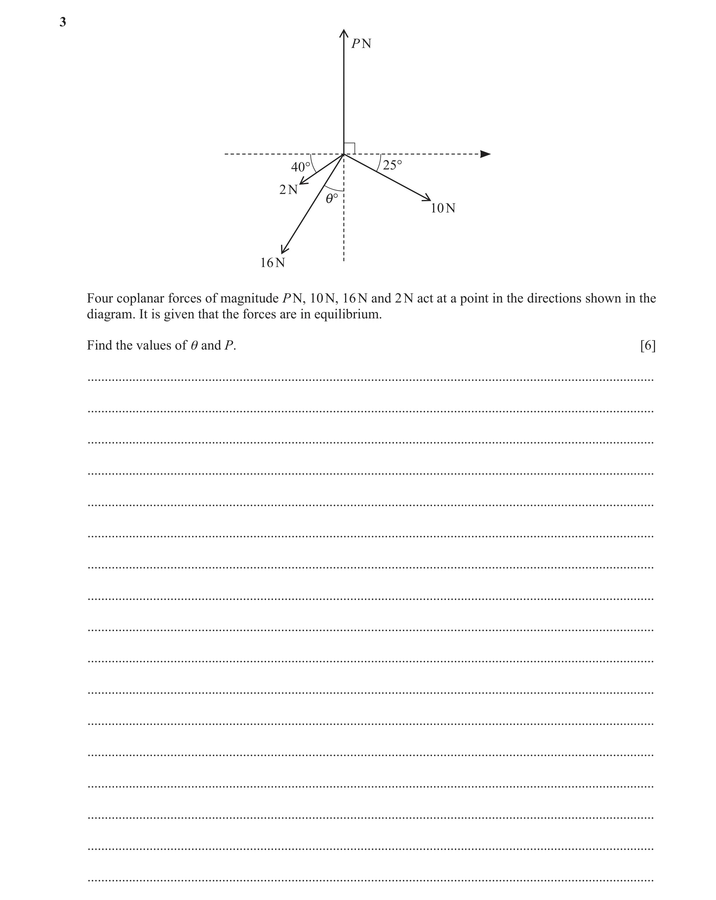 Question 193: P N 40° 25° 2 N i° 10 N 16 N Four coplanar forces of magnitude P N, 10 N, 16 N and 2 N act at a point in the directions shown in the diagra…