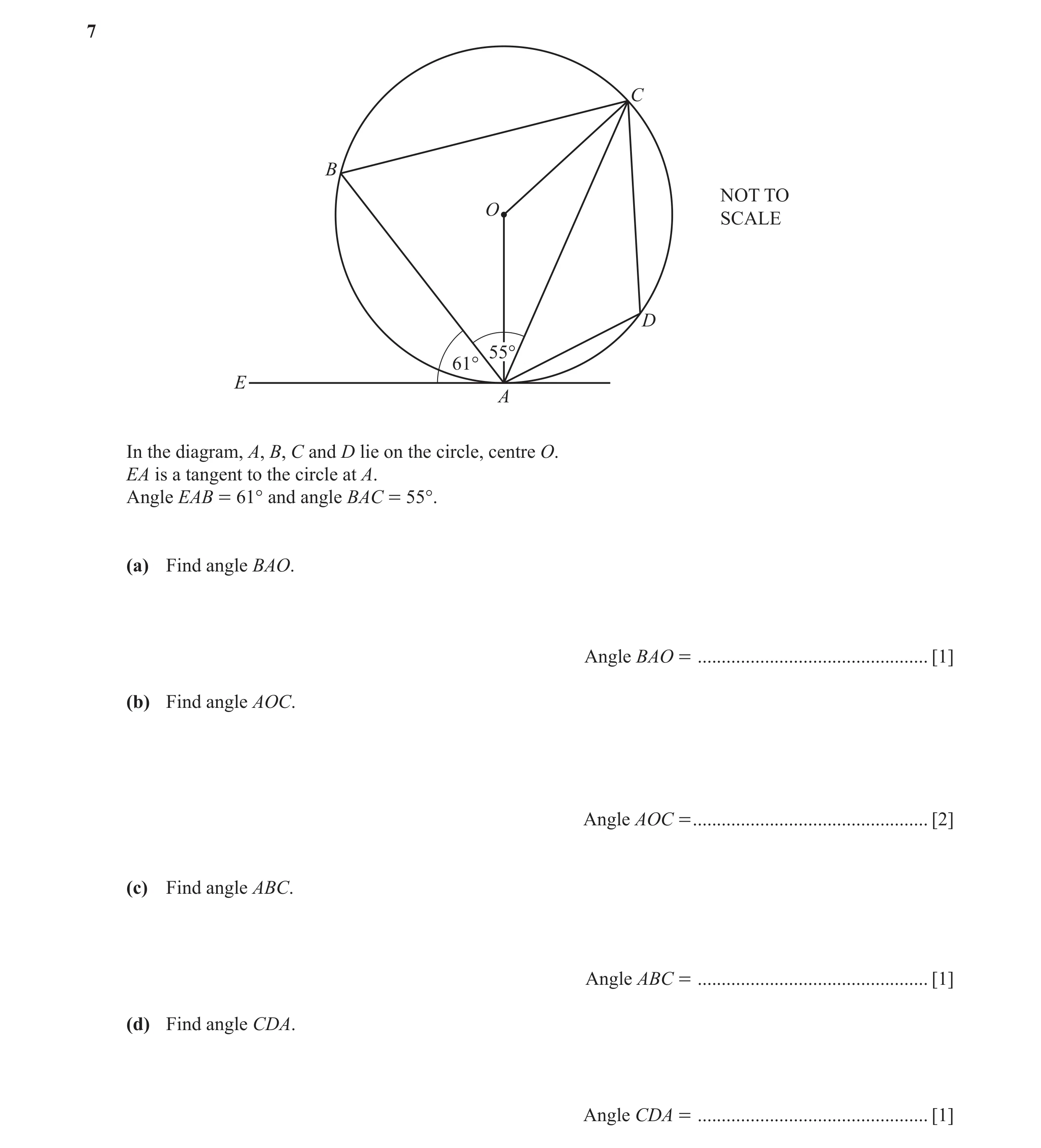 Question 17: C B NOT TO O SCALE D 55° 61° E A In the diagram, A, B, C and D lie on the circle, centre O. EA is a tangent to the circle at A. Angle EAB =…