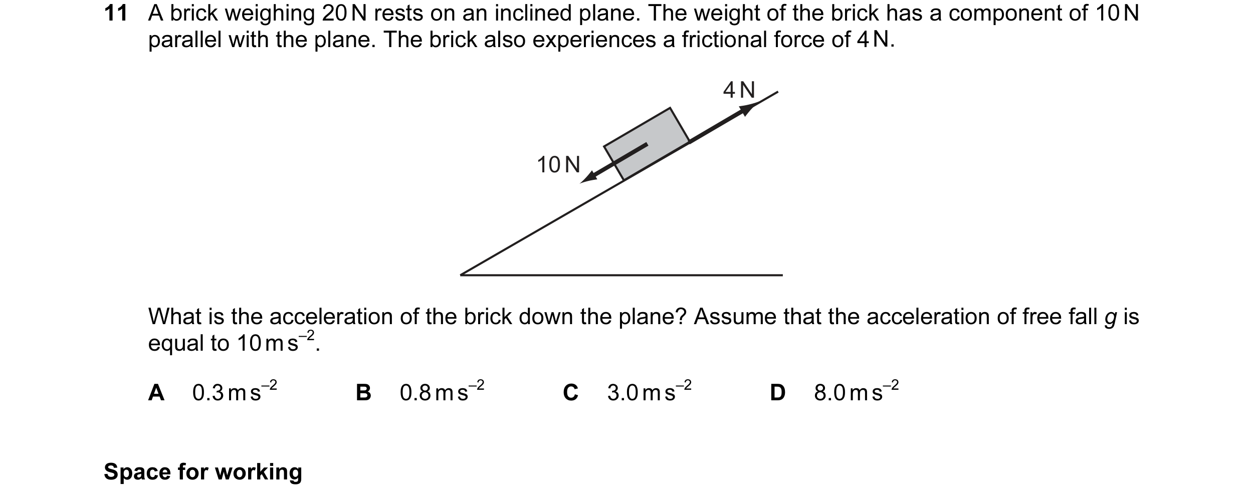 Question 13: A brick weighing 20 N rests on an inclined plane. The weight of the brick has a component of 10 N parallel with the plane. The brick also e…
