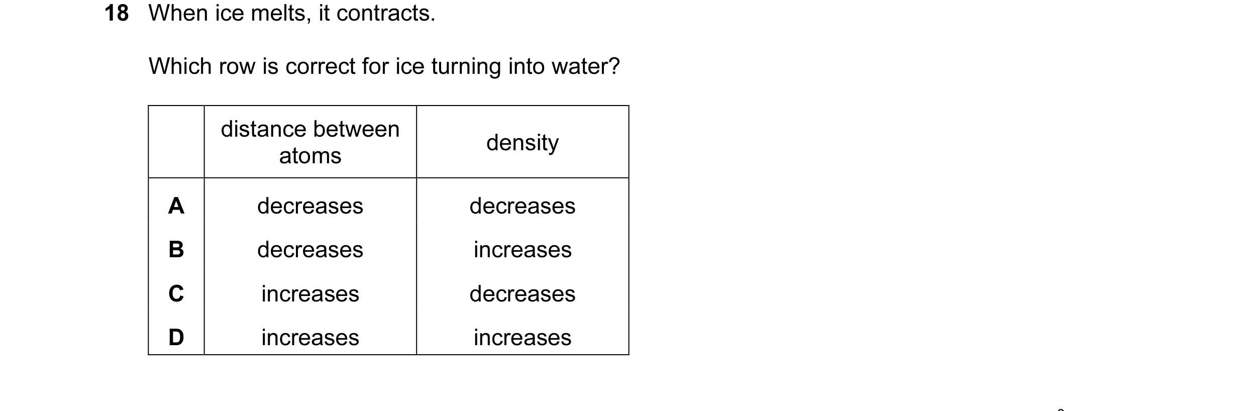 Question 16: When ice melts, it contracts. Which row is correct for ice turning into water? distance between density atoms A decreases decreases B decre…