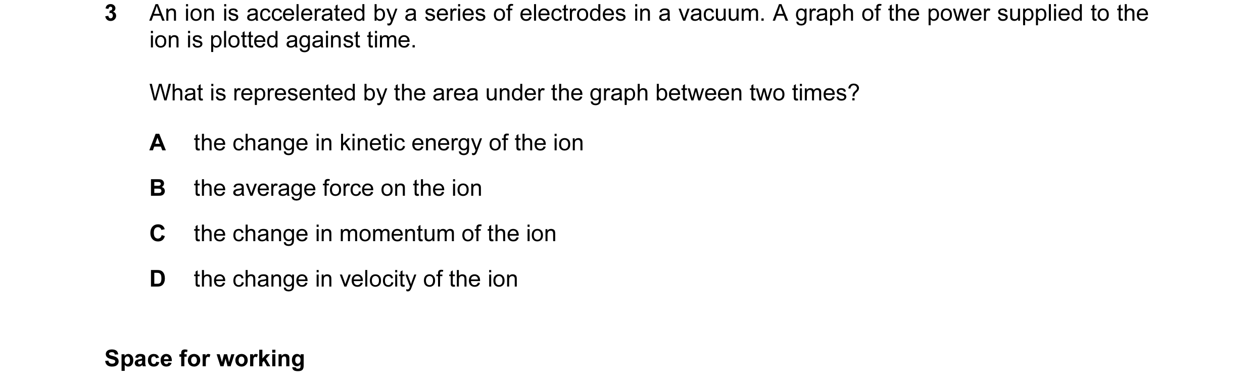 Question 22: An ion is accelerated by a series of electrodes in a vacuum. A graph of the power supplied to the ion is plotted against time. What is repr…