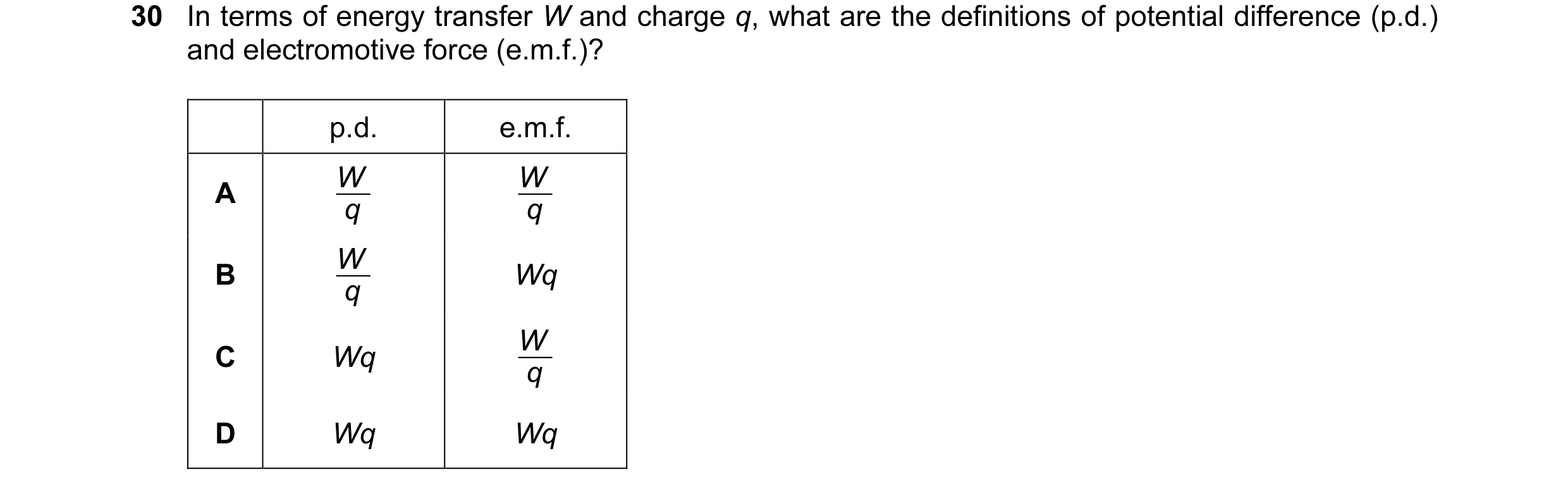 Question 17: In terms of energy transfer W and charge q, what are the definitions of potential difference (p.d.) and electromotive force (e.m.f.)? p.d. …
