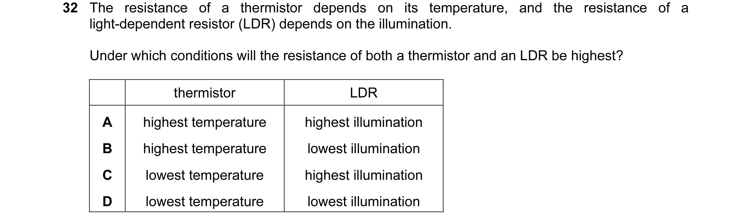 Question 20: The resistance of a thermistor depends on its temperature, and the resistance of a light-dependent resistor (LDR) depends on the illuminati…
