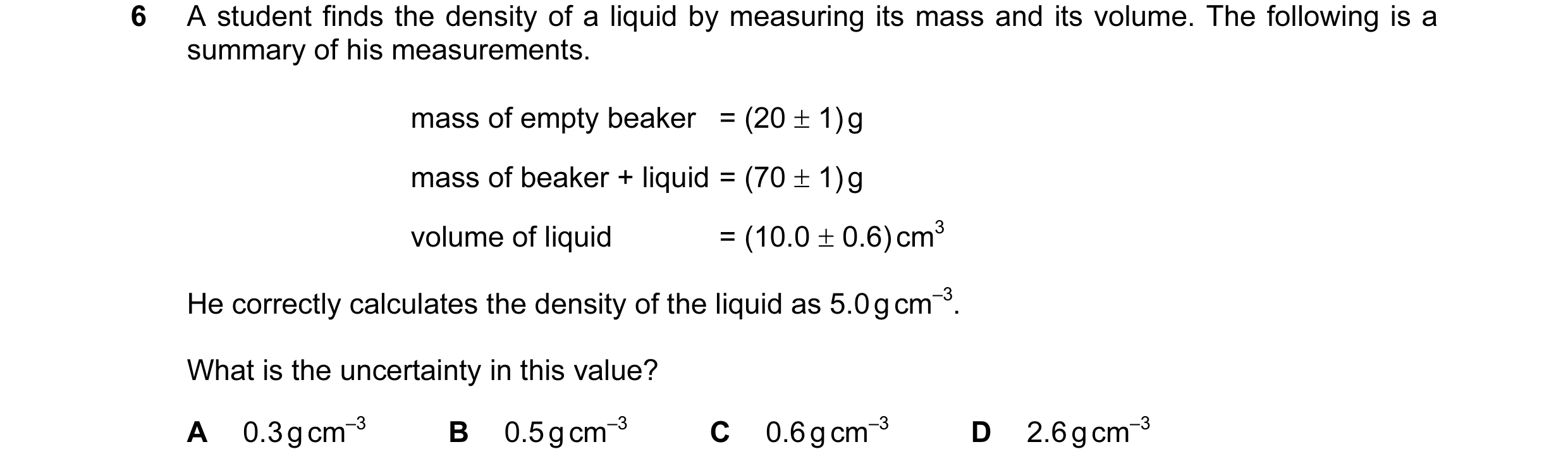 Question 17: A student finds the density of a liquid by measuring its mass and its volume. The following is a summary of his measurements. mass of empty…