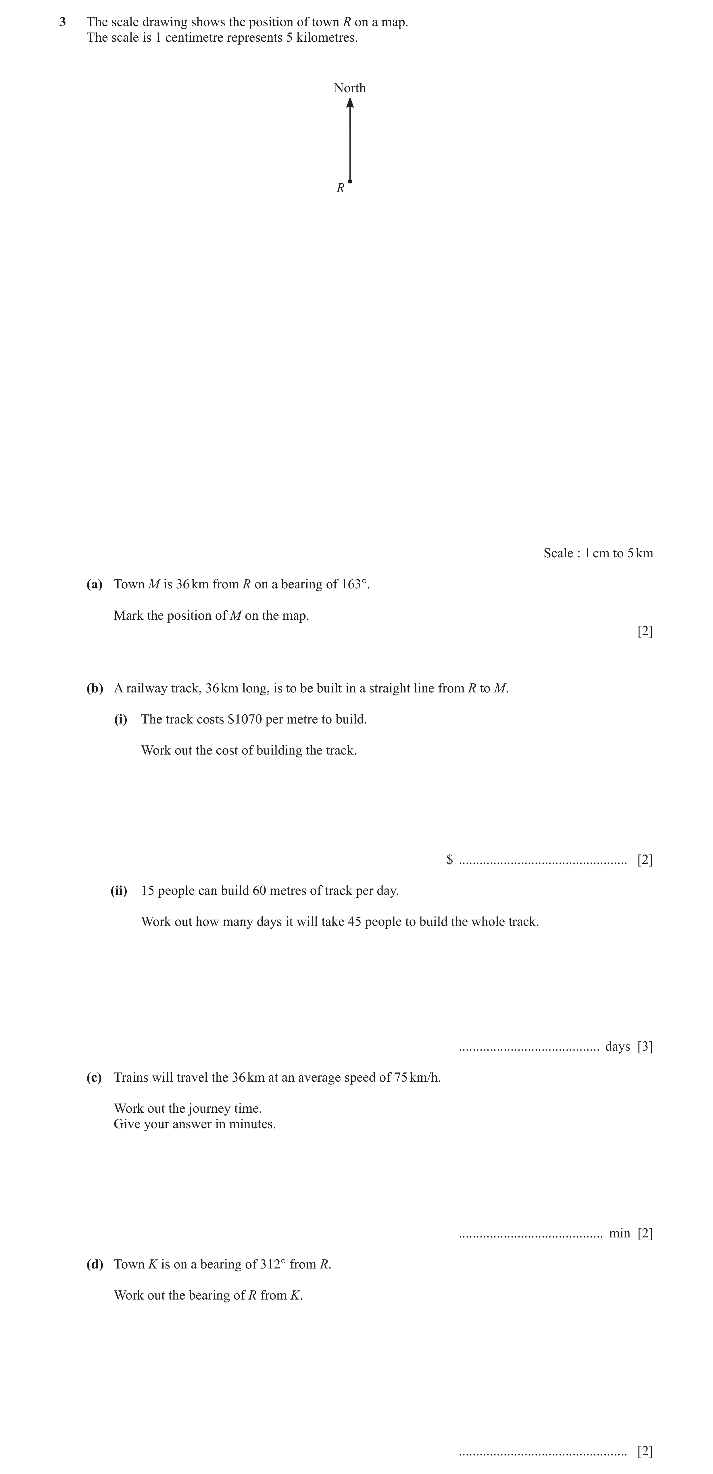 Question 70: The scale drawing shows the position of town R on a map. The scale is 1 centimetre represents 5 kilometres. North R Scale : 1 cm to 5 km (a…