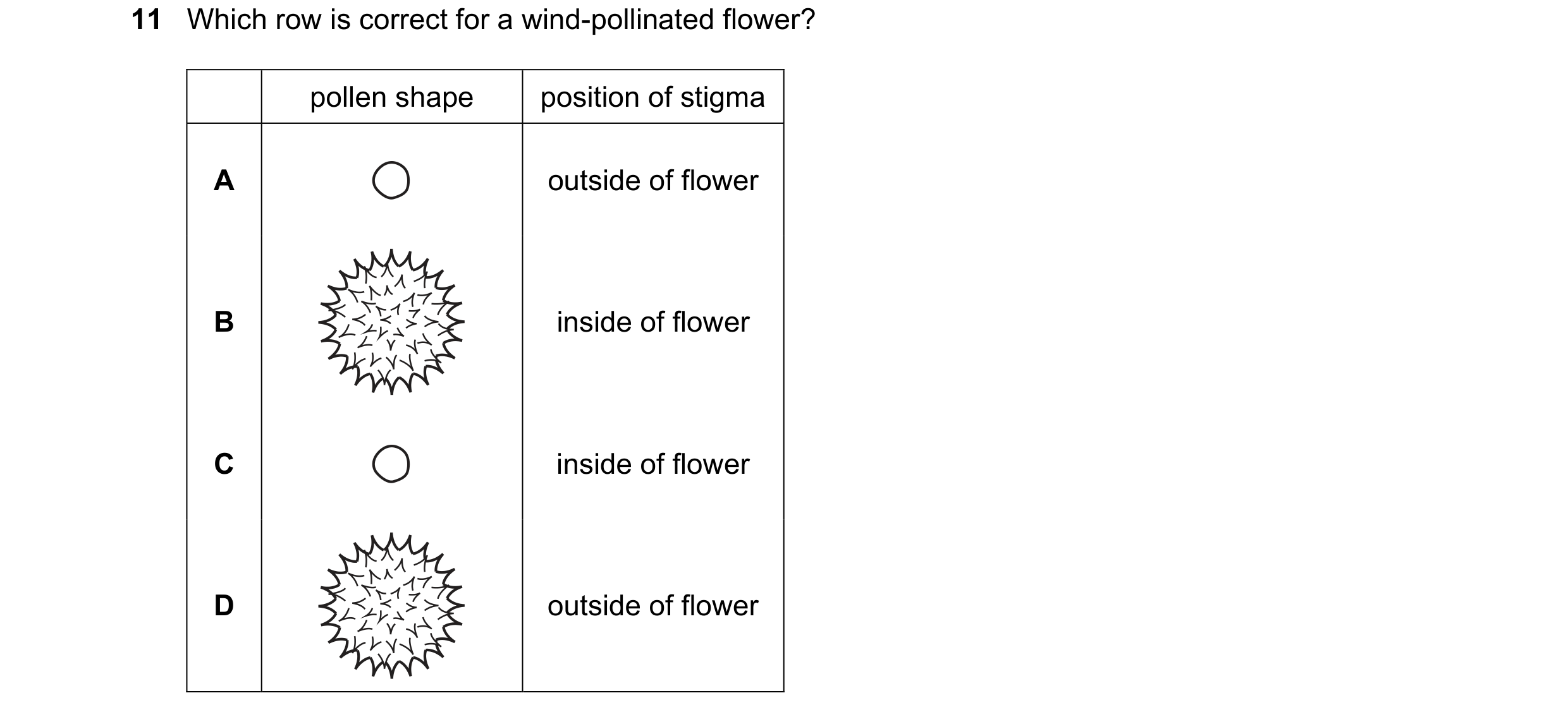 Question 43: Which row is correct for a wind-pollinated flower? pollen shape position of stigma A outside of flower B inside of flower C inside of flowe…
