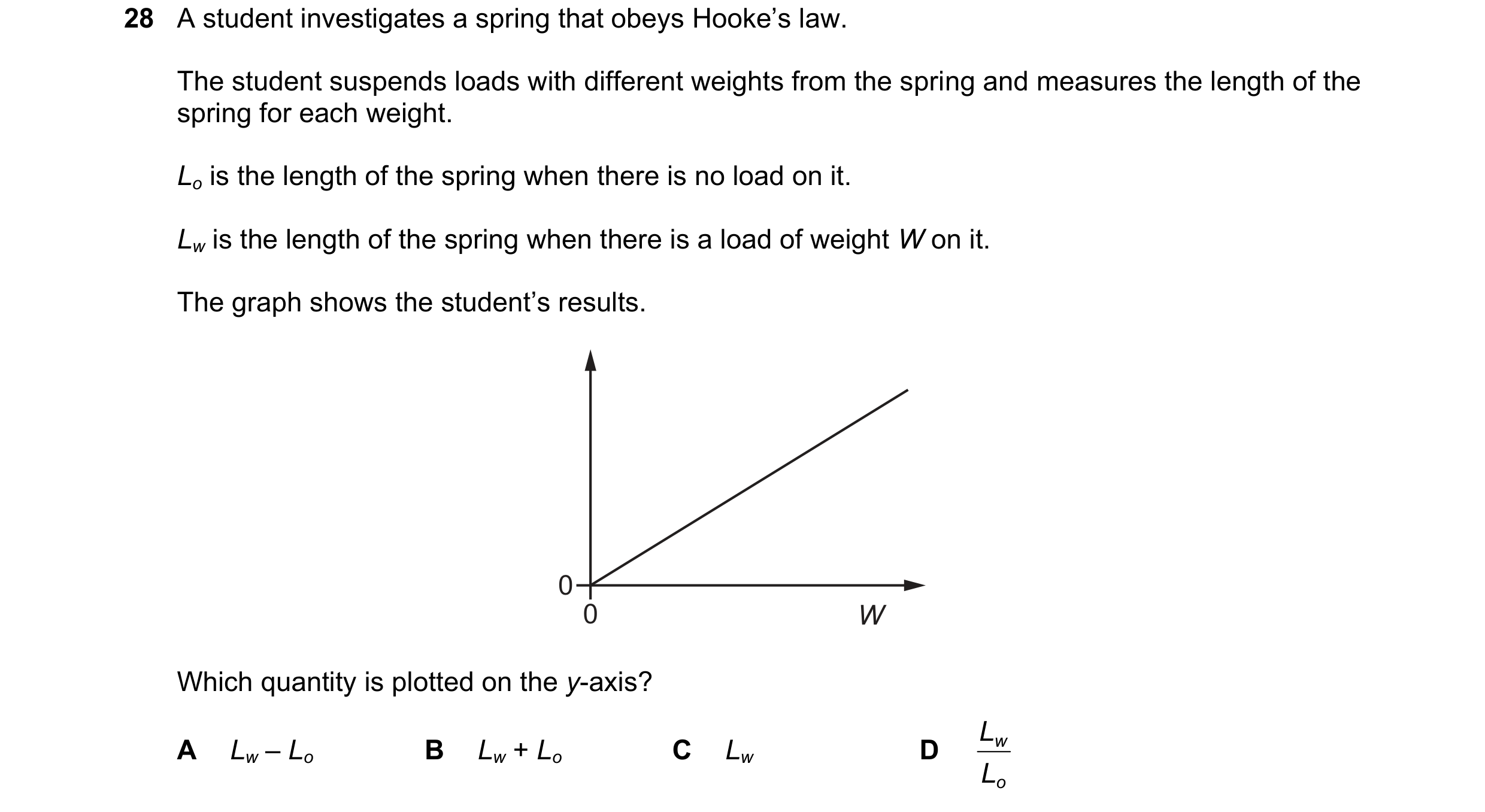 Question 34: A student investigates a spring that obeys Hooke’s law. The student suspends loads with different weights from the spring and measures the …