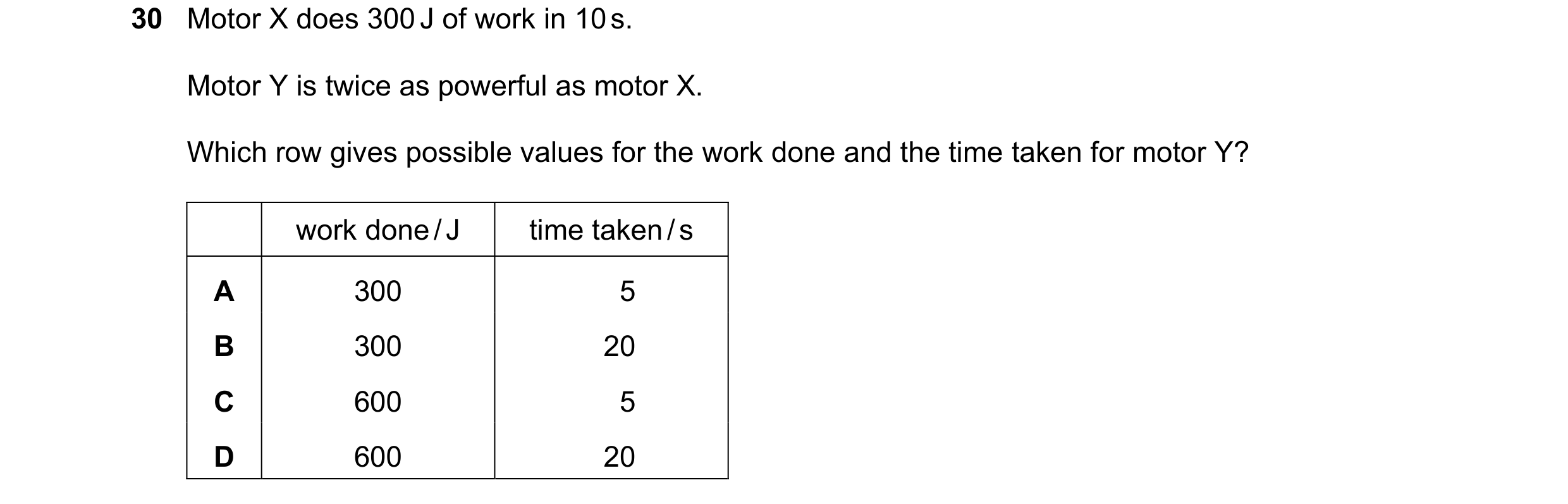 Question 64: Motor X does 300 J of work in 10 s. Motor Y is twice as powerful as motor X. Which row gives possible values for the work done and the time…