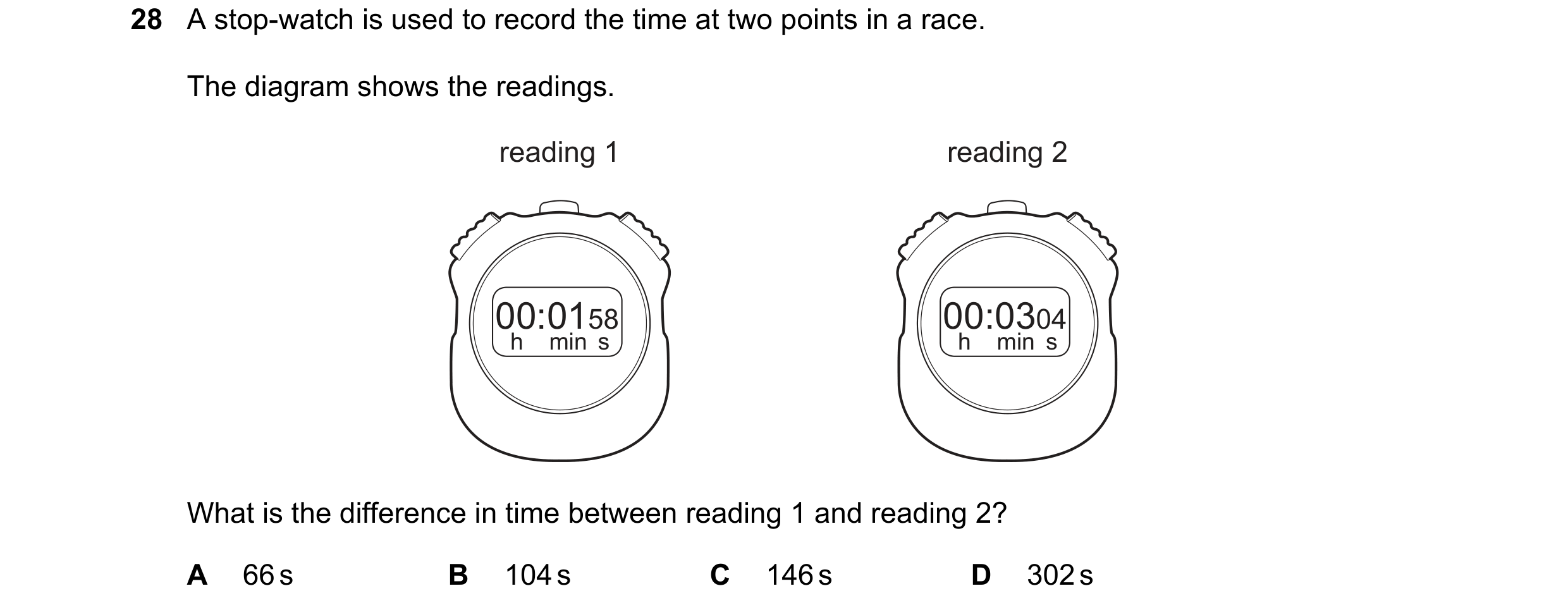 Question 44: A stop-watch is used to record the time at two points in a race. The diagram shows the readings. reading 1 reading 2 00:0158 00:0304 h min …
