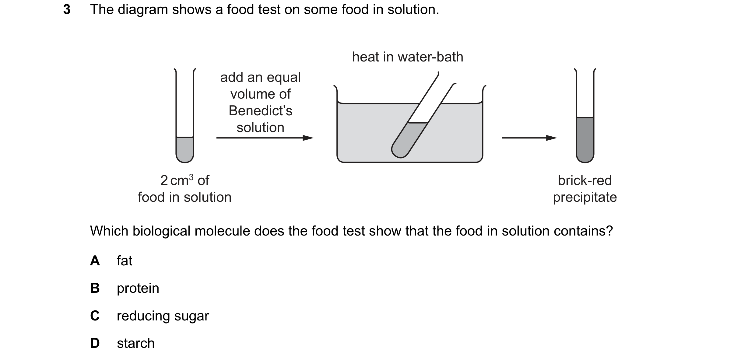 Question 83: The diagram shows a food test on some food in solution. heat in water-bath add an equal volume of Benedict’s solution 2 cm3 of brick-red fo…