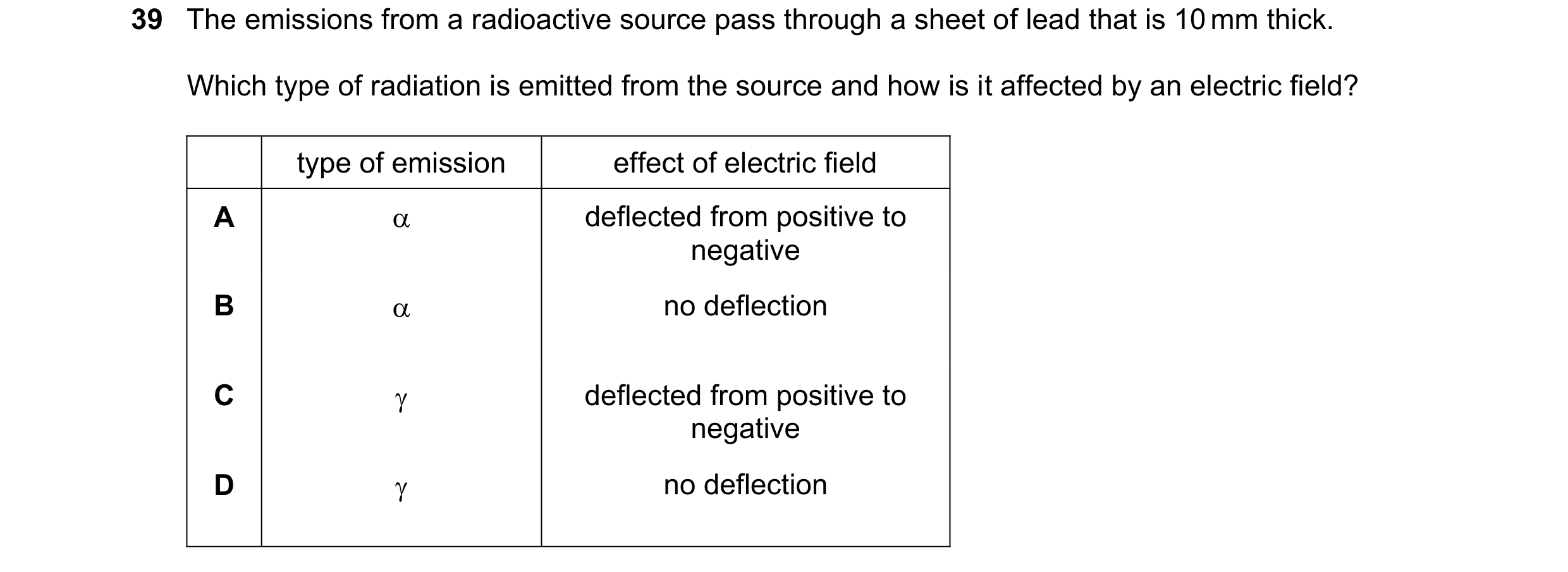 Question 11: The emissions from a radioactive source pass through a sheet of lead that is 10 mm thick. Which type of radiation is emitted from the sourc…