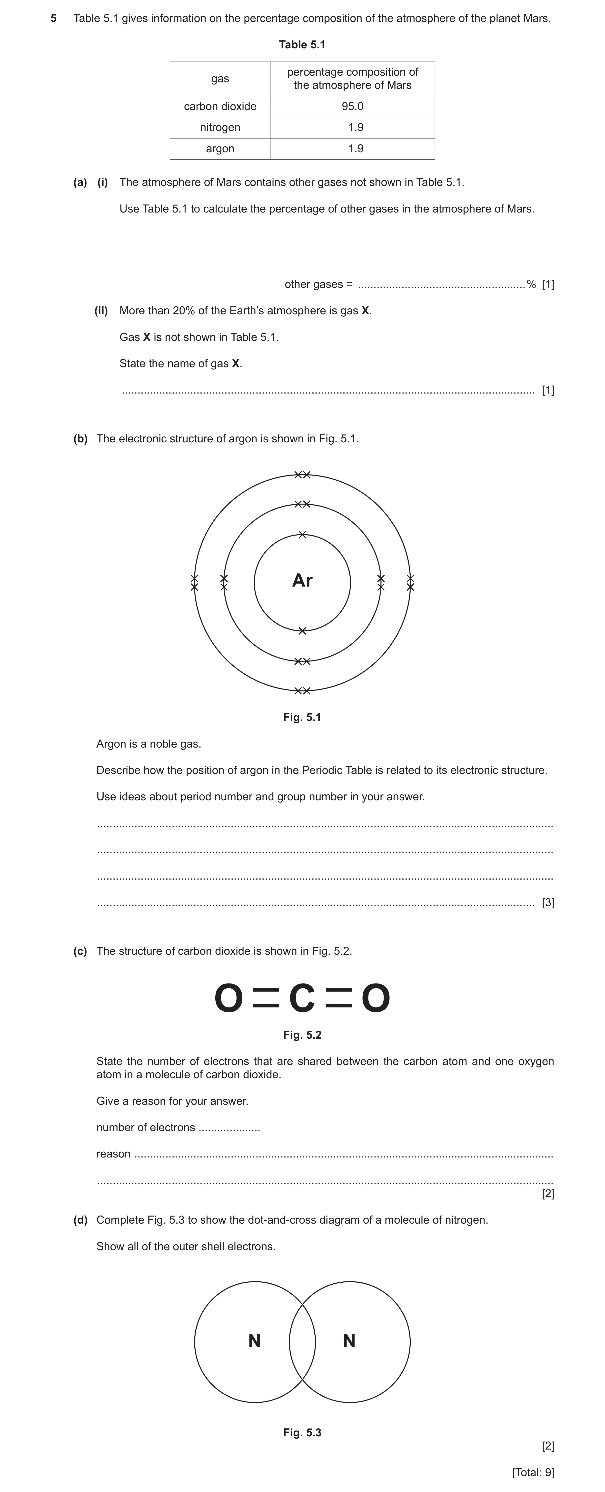 Question 26: Table 5.1 gives information on the percentage composition of the atmosphere of the planet Mars. Table 5.1 percentage composition of gas the…