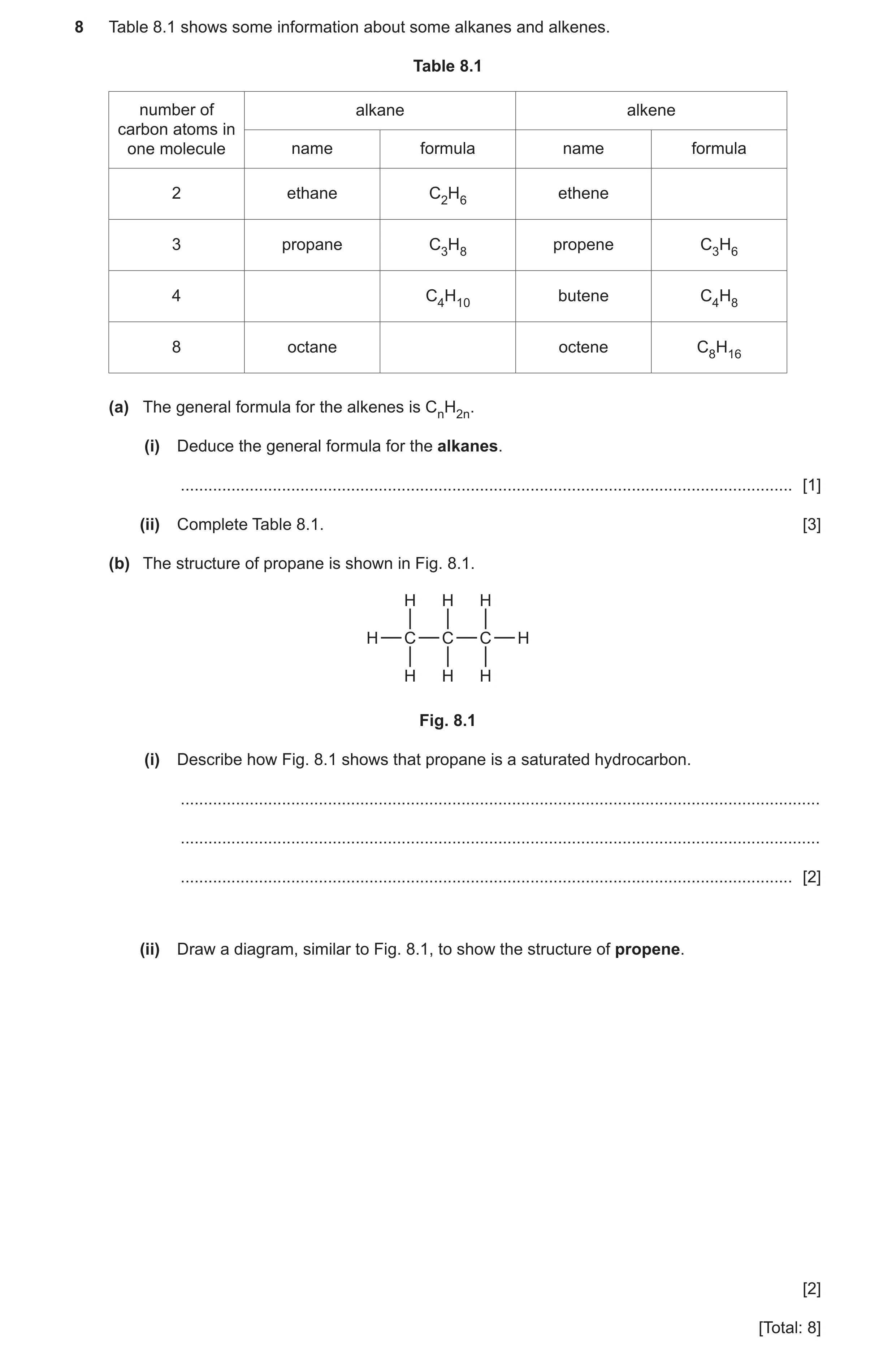 Question 16: Table 8.1 shows some information about some alkanes and alkenes. Table 8.1 number of alkane alkene carbon atoms in one molecule name formul…