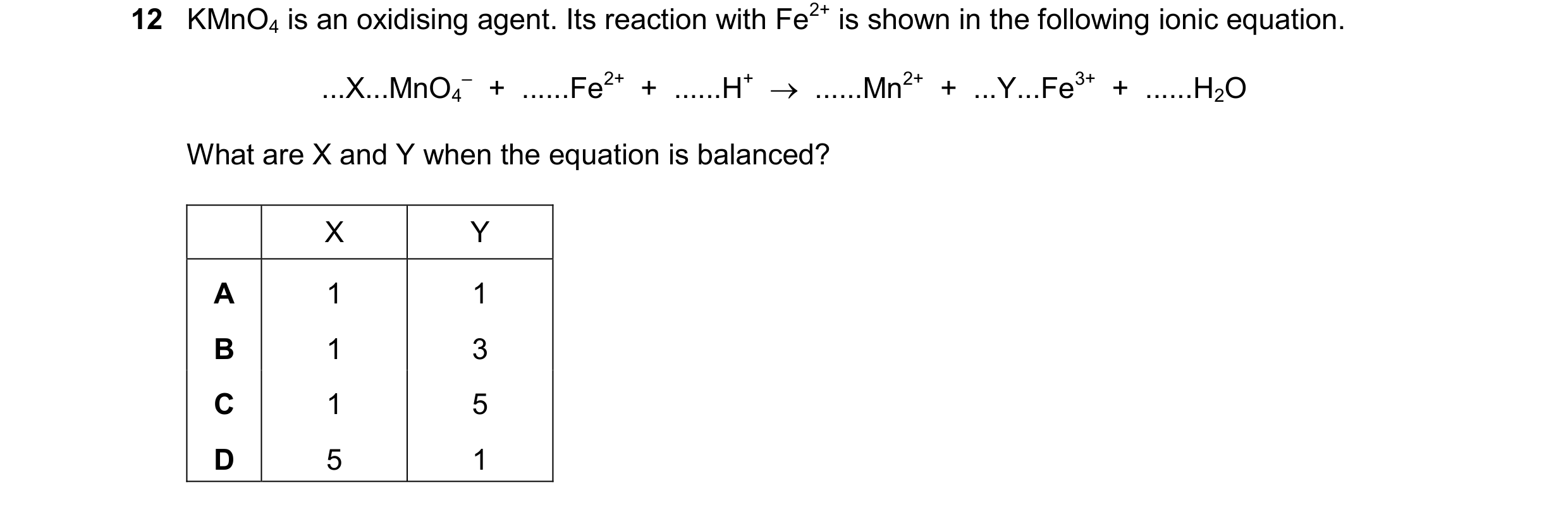 Question 257: KMnO4 is an oxidising agent. Its reaction with Fe2+ is shown in the following ionic equation. ...X...MnO4 –  +  ......Fe2+  +  ......H+   …
