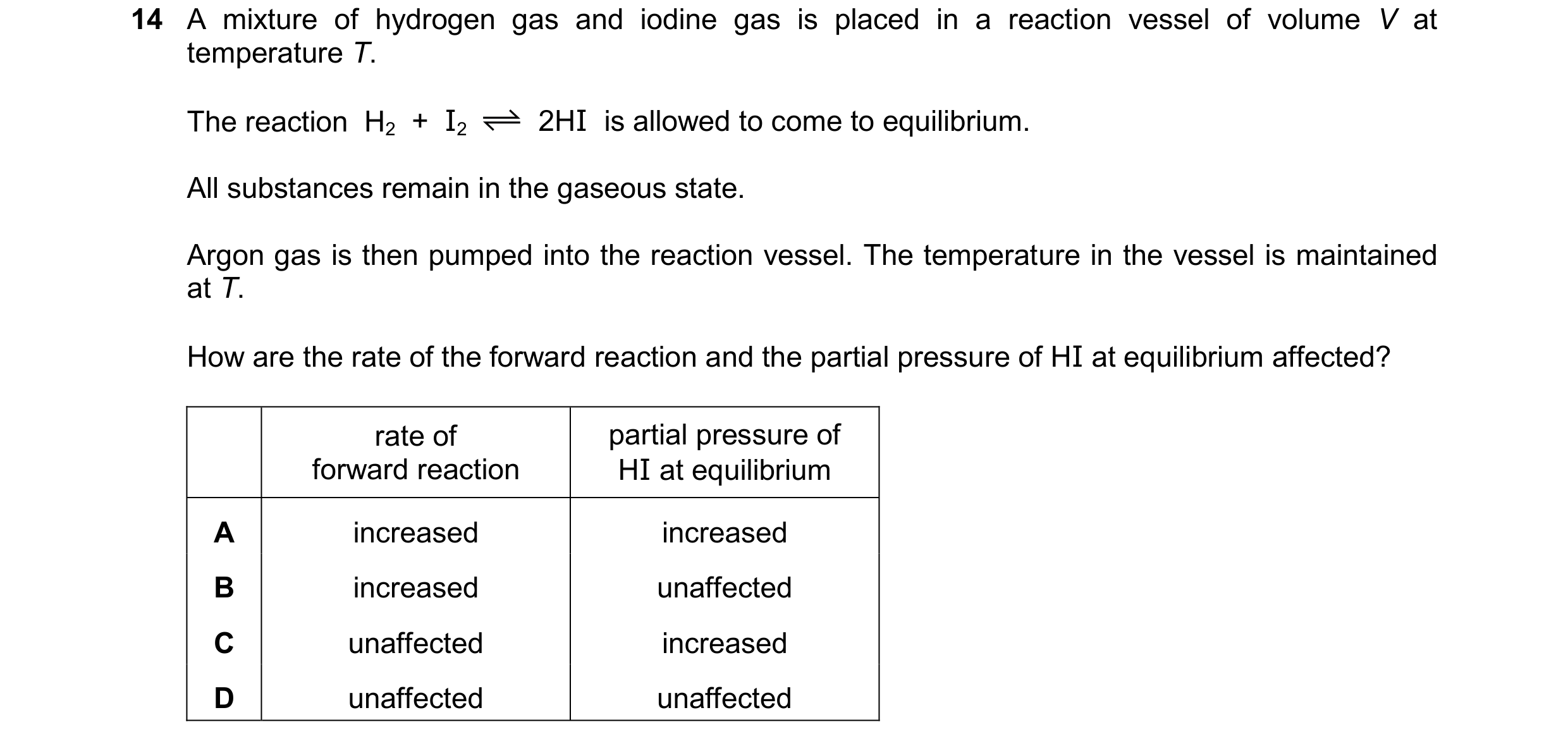 Question 173: A mixture of hydrogen gas and iodine gas is placed in a reaction vessel of volume V at temperature T. The reaction H2 + I2 2HI is allow…