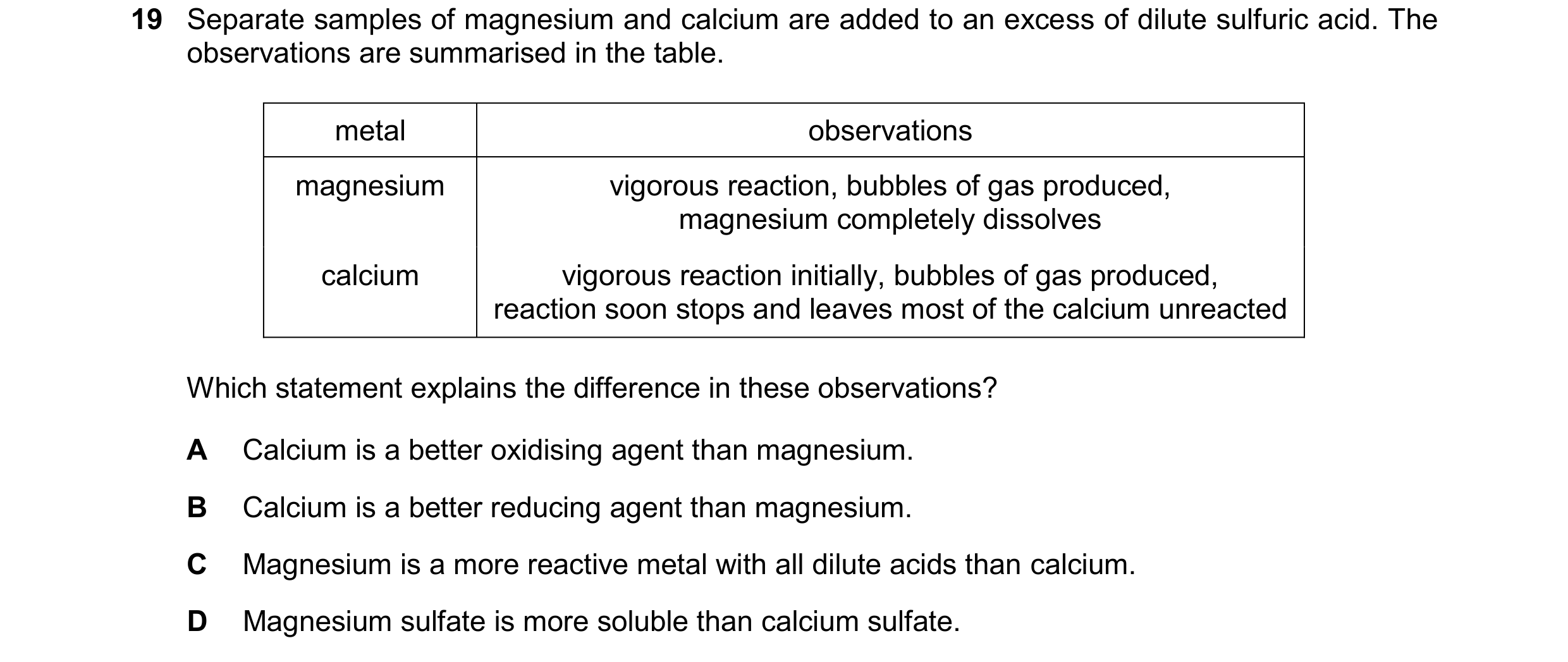 Question 228: Separate samples of magnesium and calcium are added to an excess of dilute sulfuric acid. The observations are summarised in the table. met…