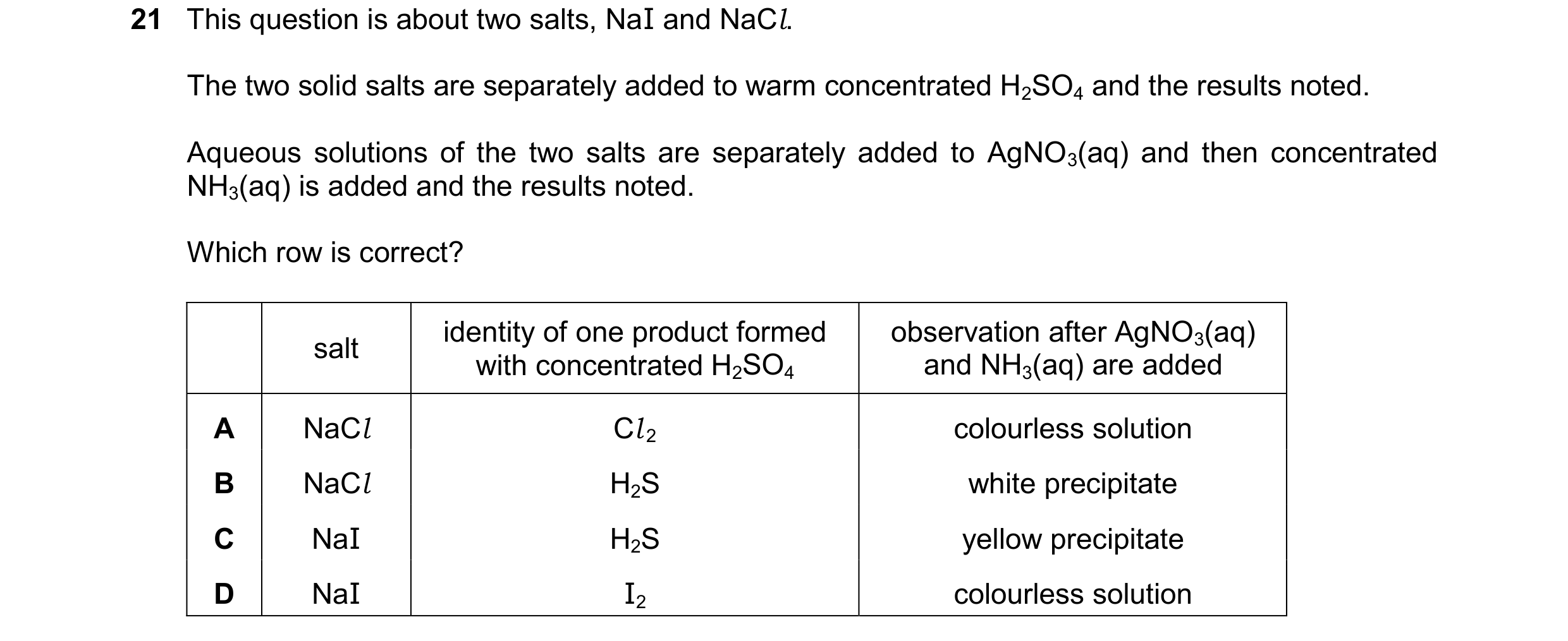 Question 87: This question is about two salts, NaI and NaCl. The two solid salts are separately added to warm concentrated H2SO4 and the results noted. …
