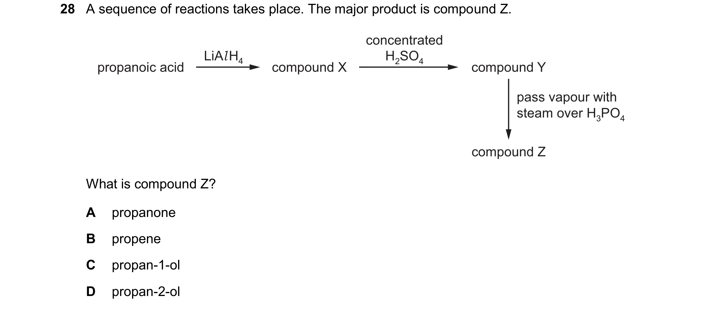 Question 336: A sequence of reactions takes place. The major product is compound Z. concentrated LiAl H4 H2SO4 propanoic acid compound X compound Y pass …