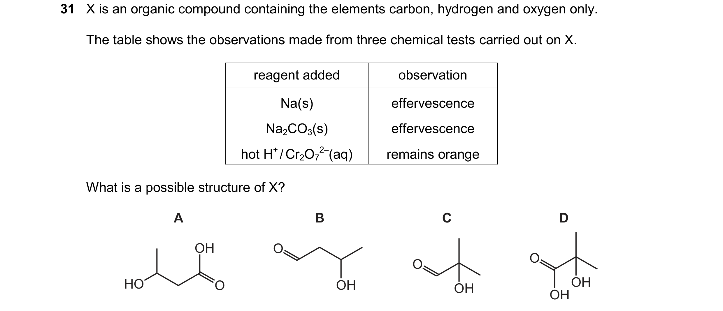Question 337: X is an organic compound containing the elements carbon, hydrogen and oxygen only. The table shows the observations made from three chemica…