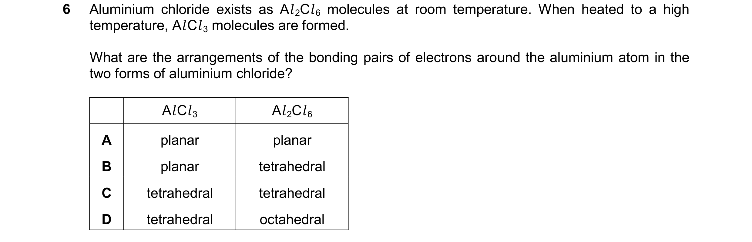 Question 93: Aluminium chloride exists as Al 2Cl 6 molecules at room temperature. When heated to a high temperature, Al Cl 3 molecules are formed. What …