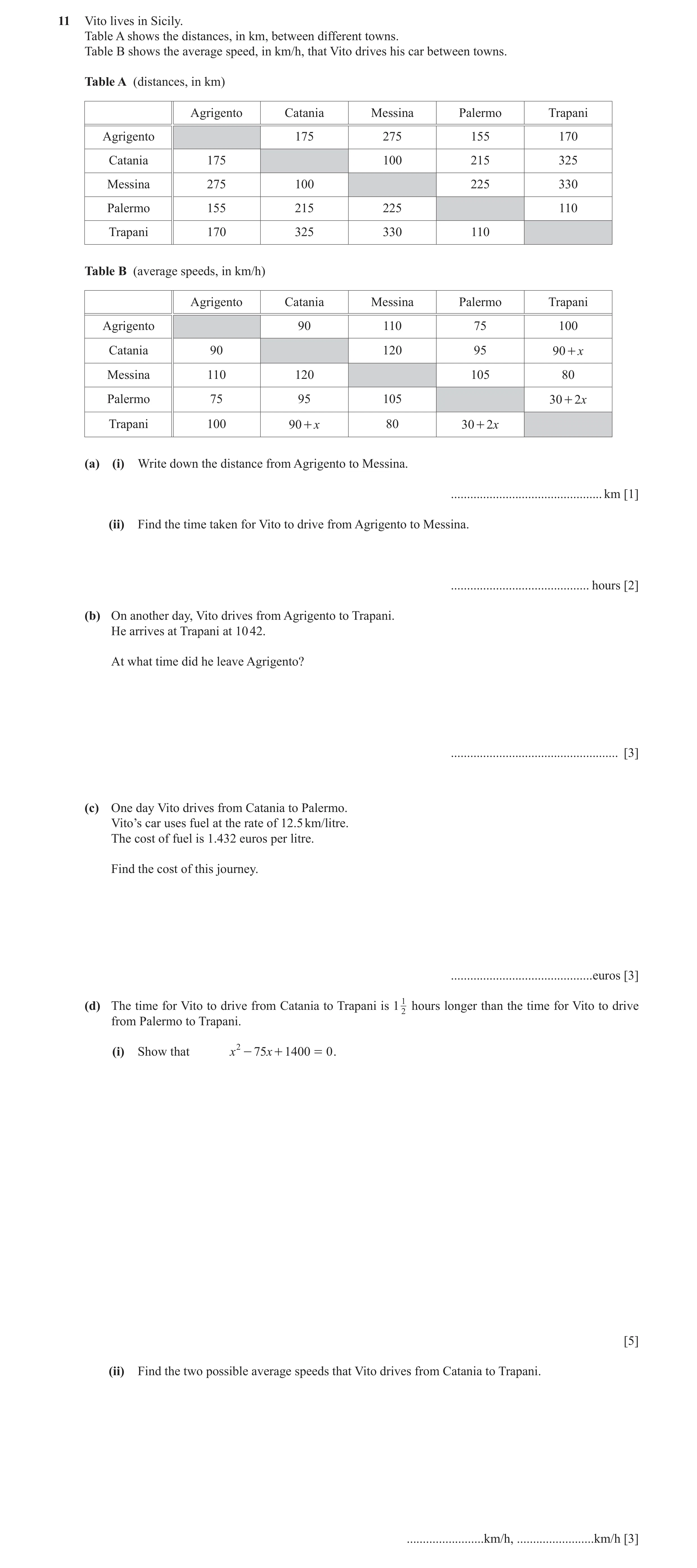 Question 2: Vito lives in Sicily. Table A shows the distances, in km, between different towns. Table B shows the average speed, in km/h, that Vito driv…