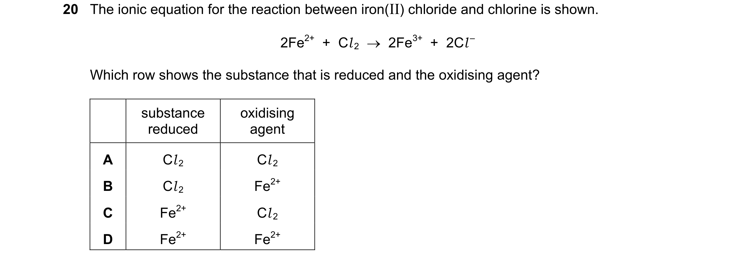 Question 36: The ionic equation for the reaction between iron(II) chloride and chlorine is shown. 2Fe2+ + Cl 2 2Fe3+ + 2Cl – Which row shows the…