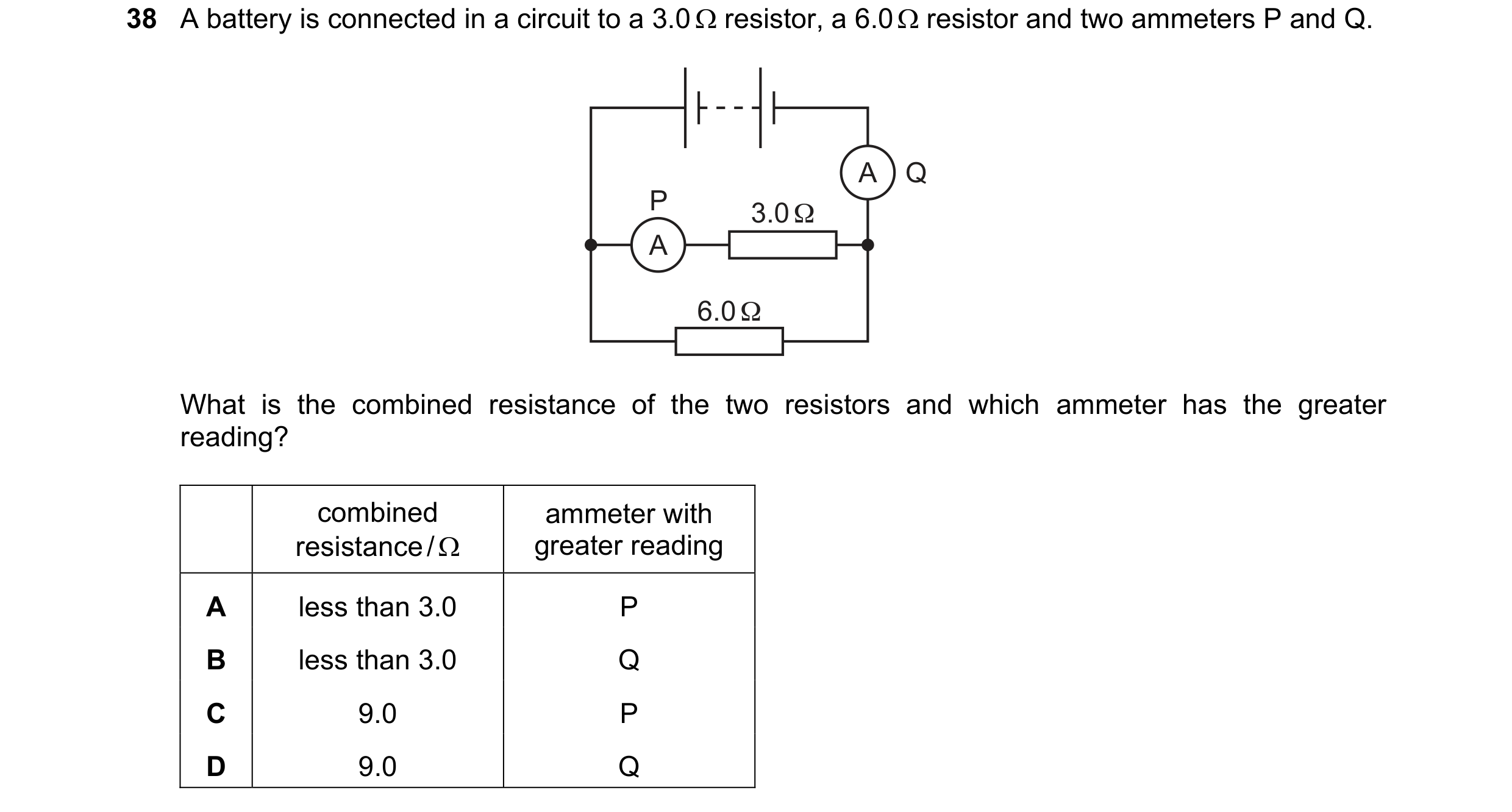 Question 41: A battery is connected in a circuit to a 3.0 resistor, a 6.0 resistor and two ammeters P and Q. A Q P 3.0 Ω A 6.0 Ω What is the combine…