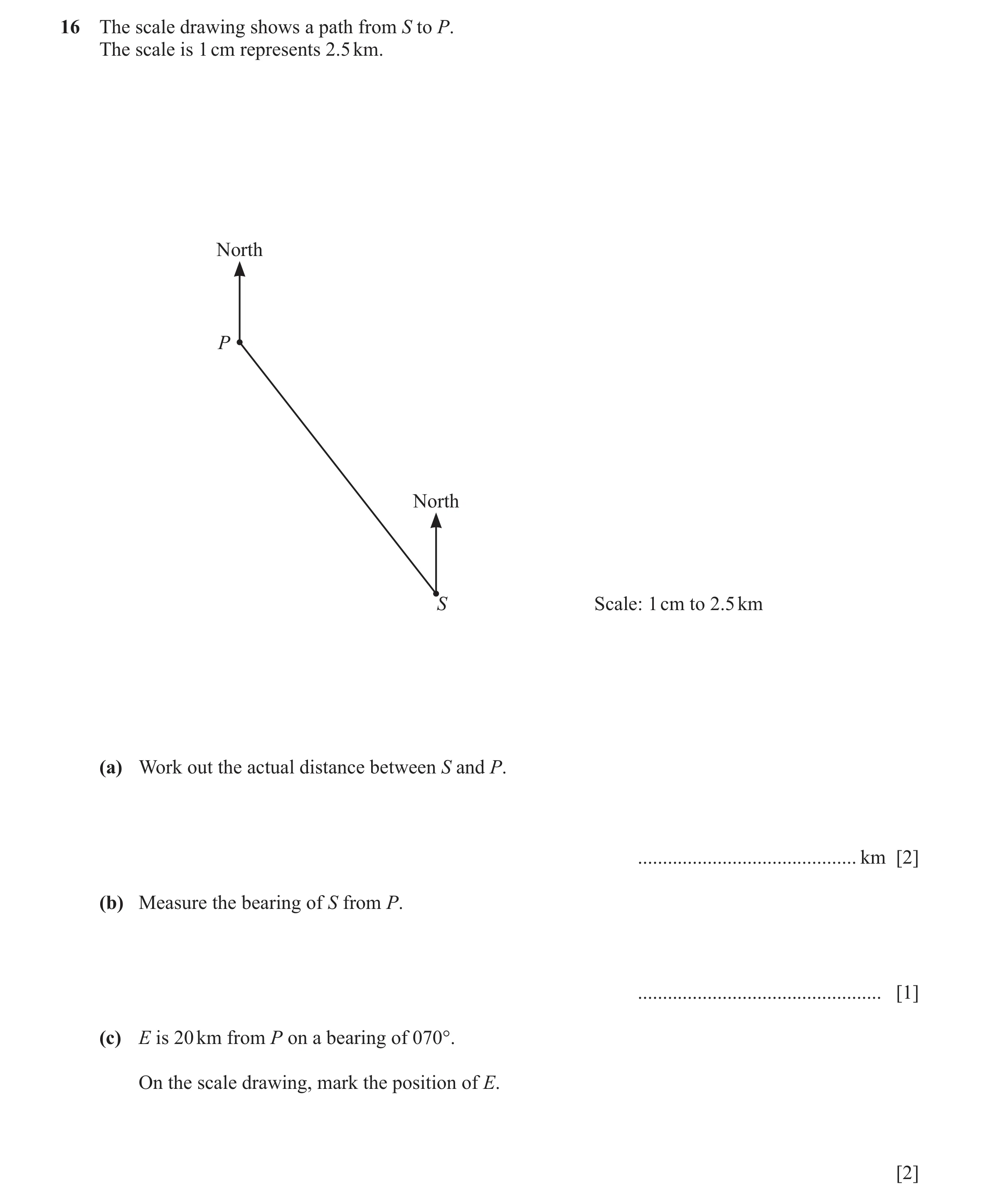 Question 107: The scale drawing shows a path from S to P. The scale is 1 cm represents 2.5 km. North P North S Scale: 1 cm to 2.5 km (a) Work out the act…