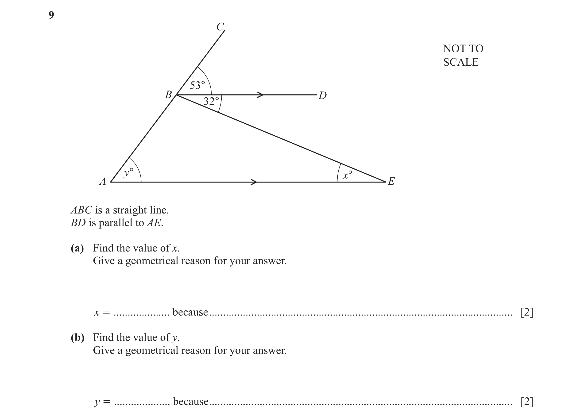 Question 106: C NOT TO SCALE 53° B D 32° y° x° A E ABC is a straight line. BD is parallel to AE. (a) Find the value of x. Give a geometrical reason for y…
