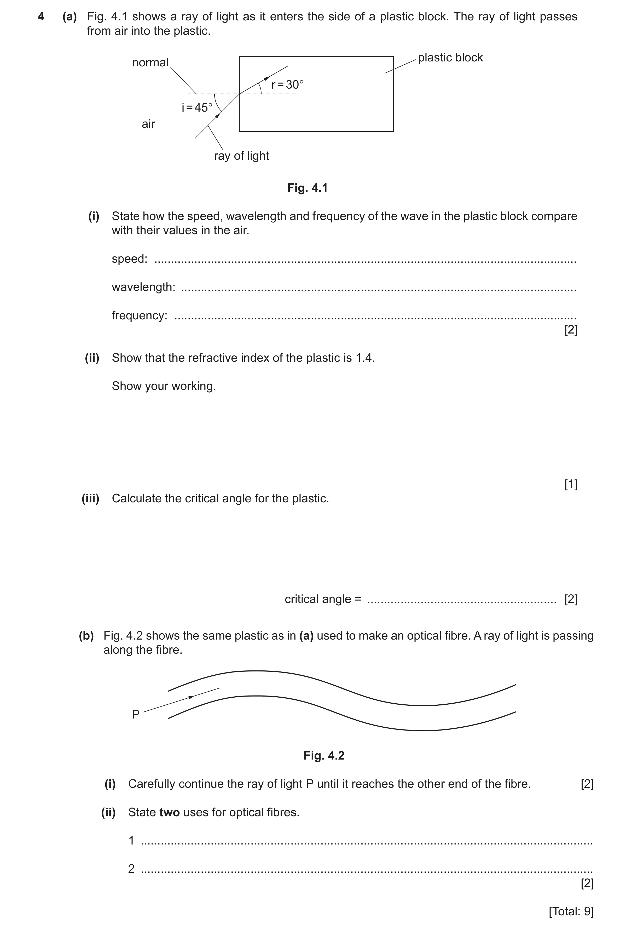 Question 46: (a) Fig. 4.1 shows a ray of light as it enters the side of a plastic block. The ray of light passes from air into the plastic. plastic bloc…
