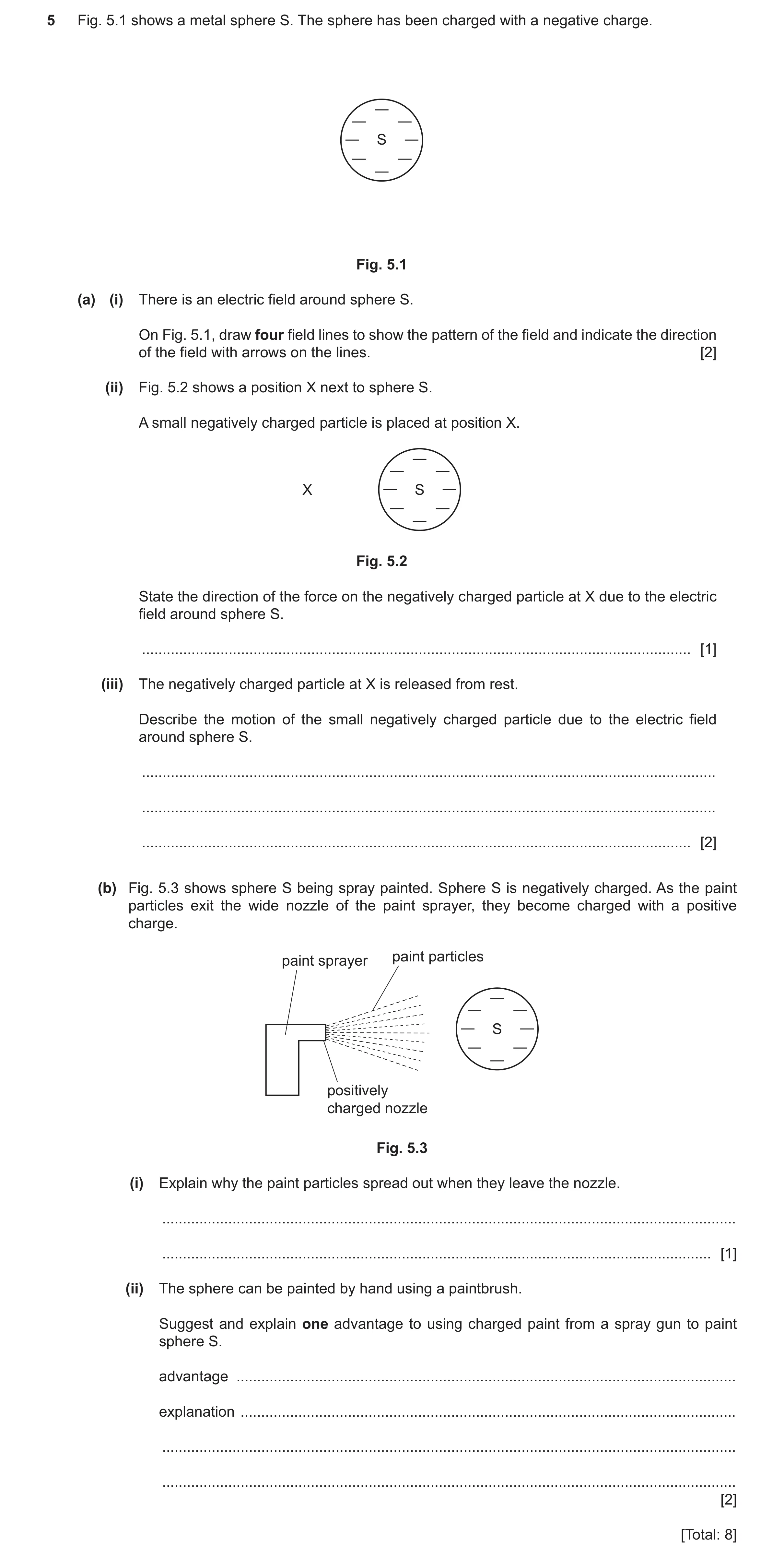 Question 46: Fig. 5.1 shows a metal sphere S. The sphere has been charged with a negative charge. S Fig. 5.1 (a) (i) There is an electric field around s…