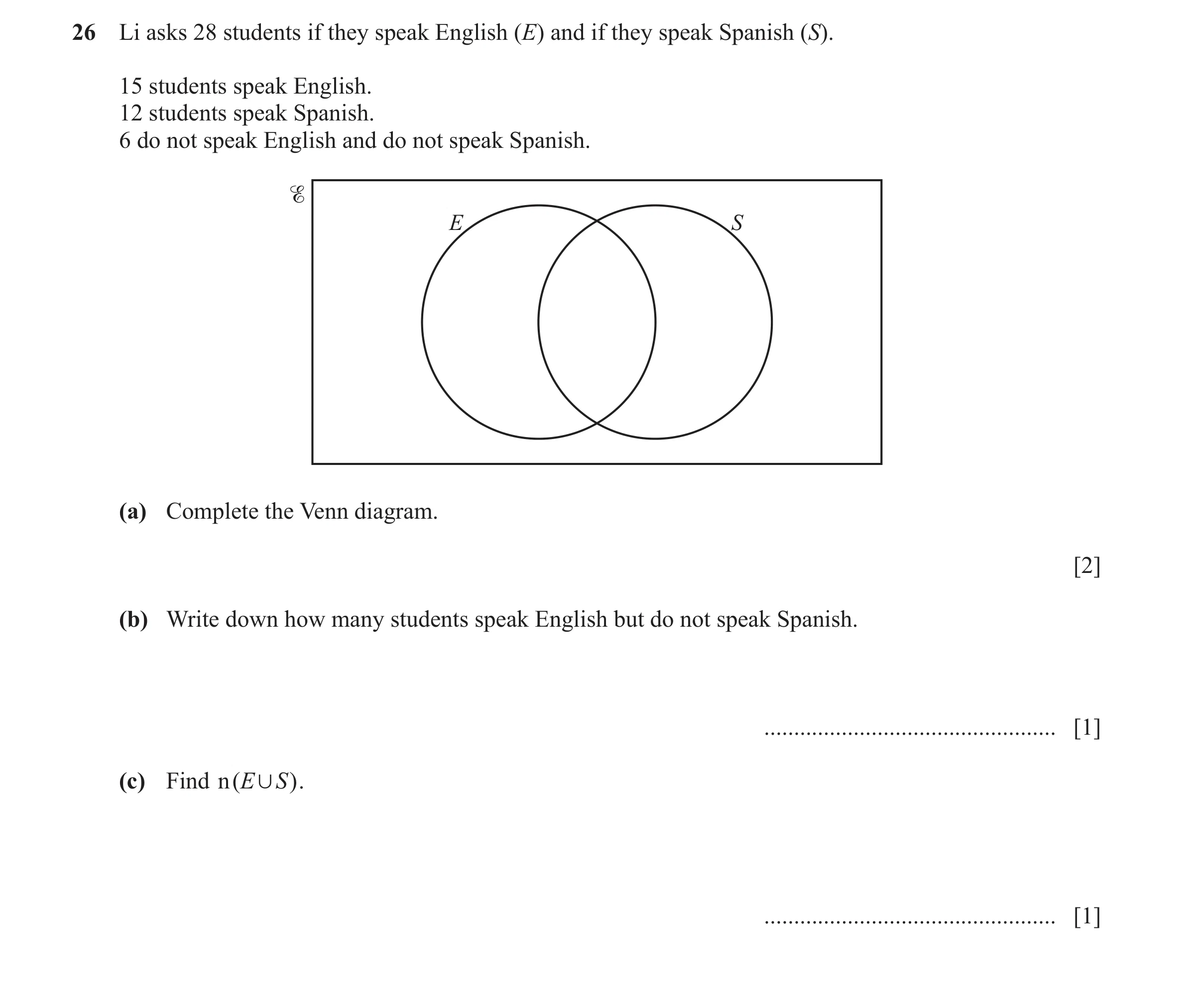 Question 10: Li asks 28 students if they speak English (E) and if they speak Spanish (S). 15 students speak English. 12 students speak Spanish. 6 do not…