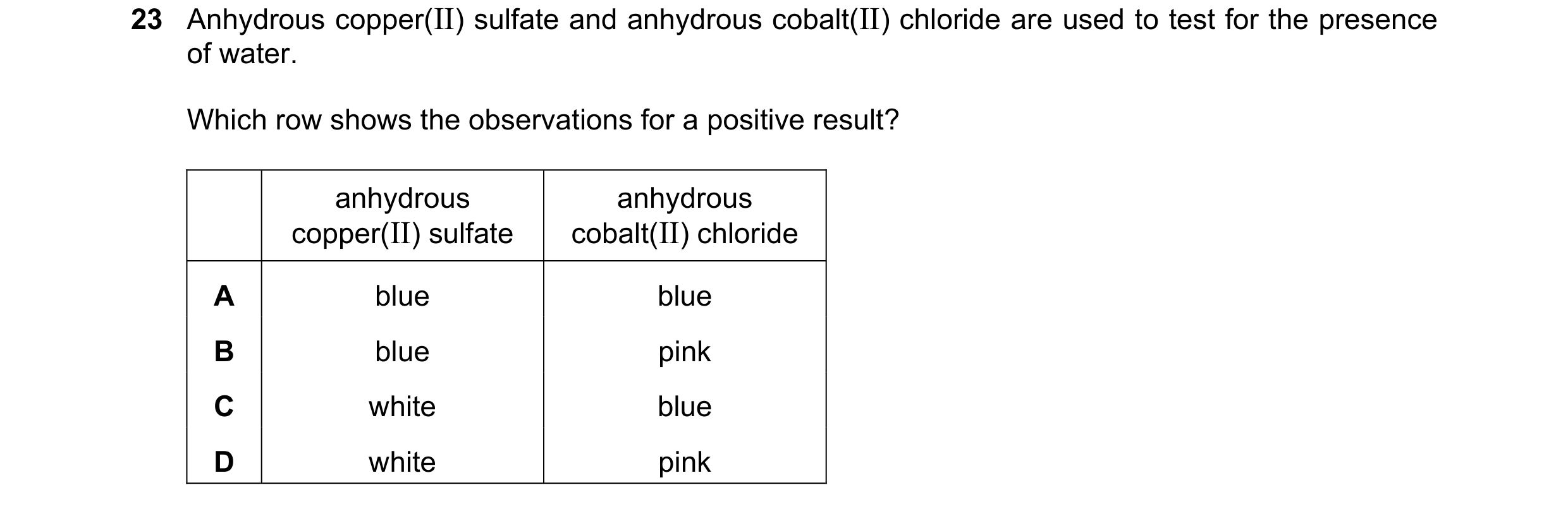 Question 37: Anhydrous copper(II) sulfate and anhydrous cobalt(II) chloride are used to test for the presence of water. Which row shows the observations…