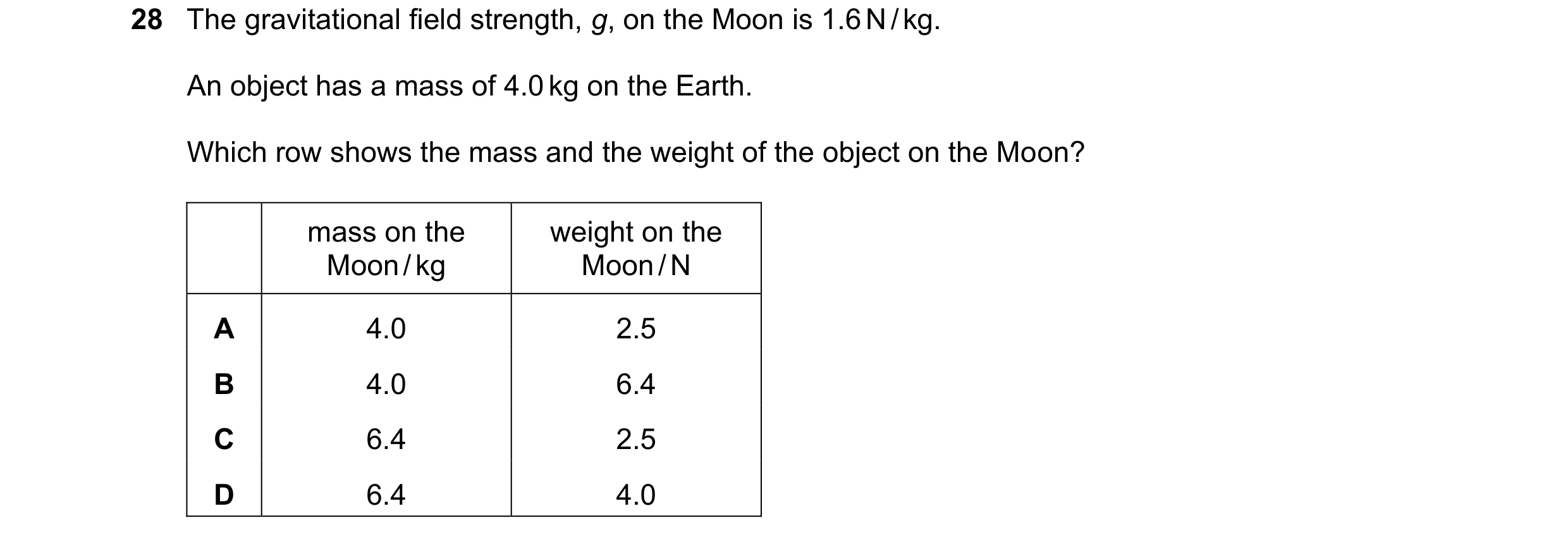 Question 50: The gravitational field strength, g, on the Moon is 1.6 N / kg. An object has a mass of 4.0 kg on the Earth. Which row shows the mass and t…
