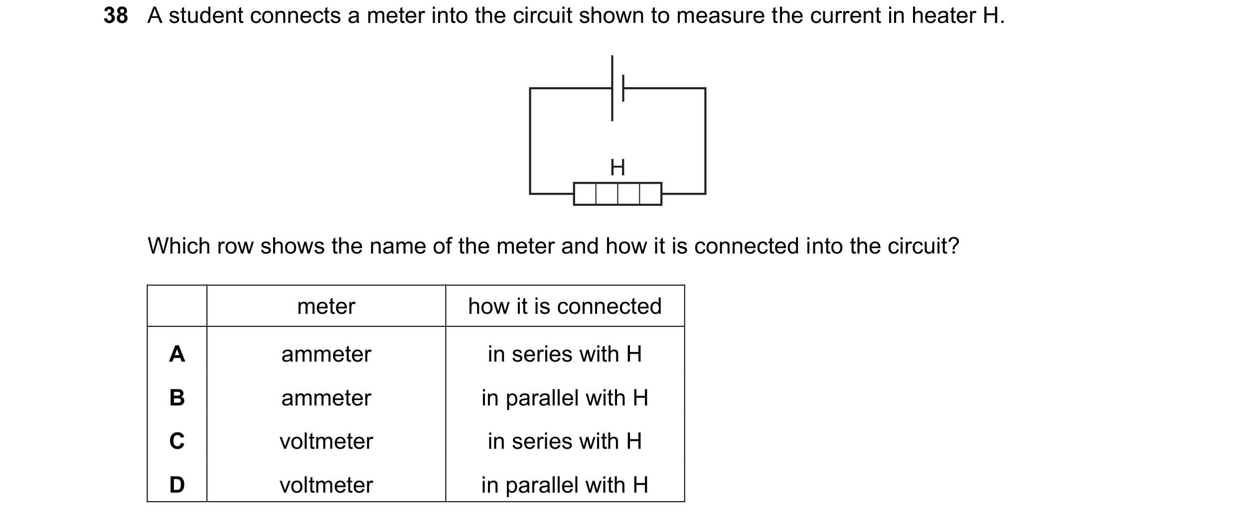 Question 186: A student connects a meter into the circuit shown to measure the current in heater H. H Which row shows the name of the meter and how it is…