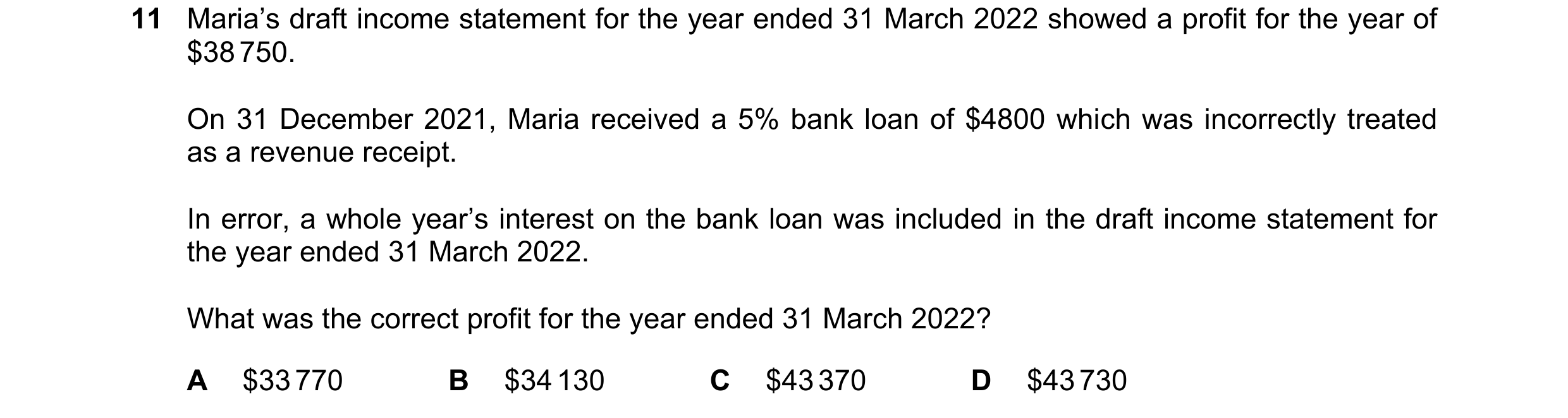 Question 55: Maria’s draft income statement for the year ended 31 March 2022 showed a profit for the year of $38 750. On 31 December 2021, Maria receive…