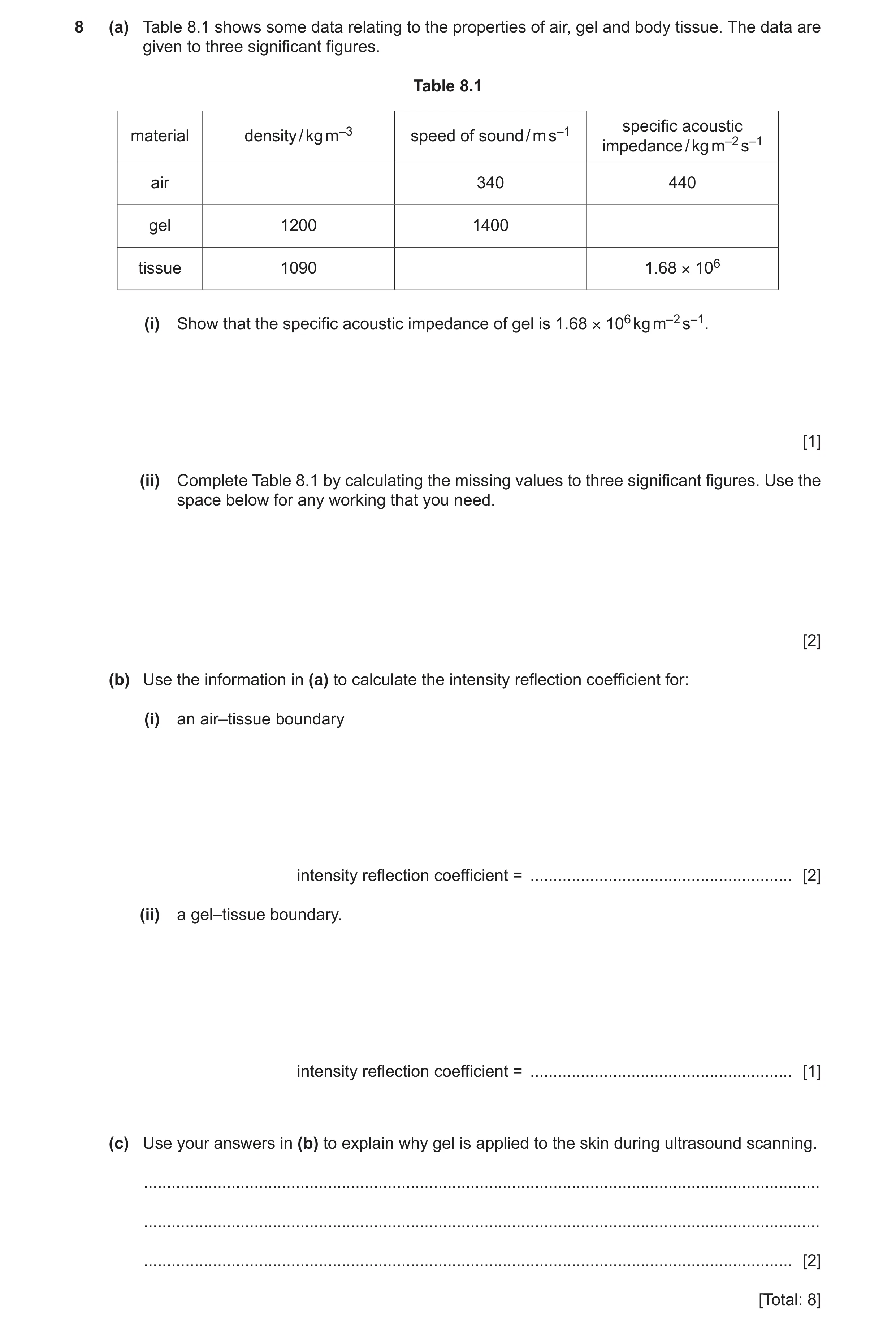 Question 28: (a) Table 8.1 shows some data relating to the properties of air, gel and body tissue. The data are given to three significant figures. Tabl…