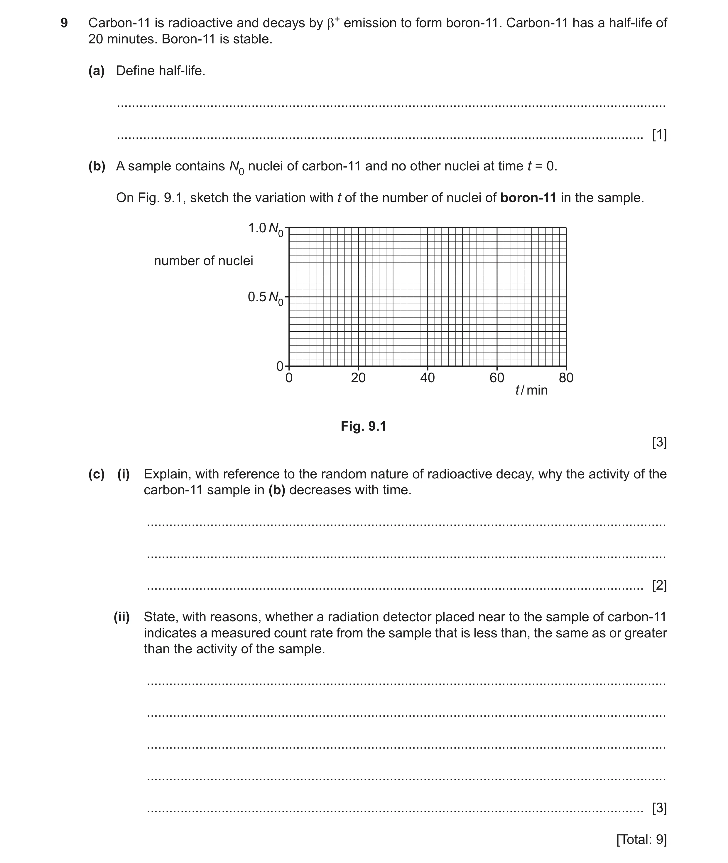 Question 33: Carbon-11 is radioactive and decays by β+ emission to form boron-11. Carbon-11 has a half-life of 20 minutes. Boron-11 is stable. (a) Defin…