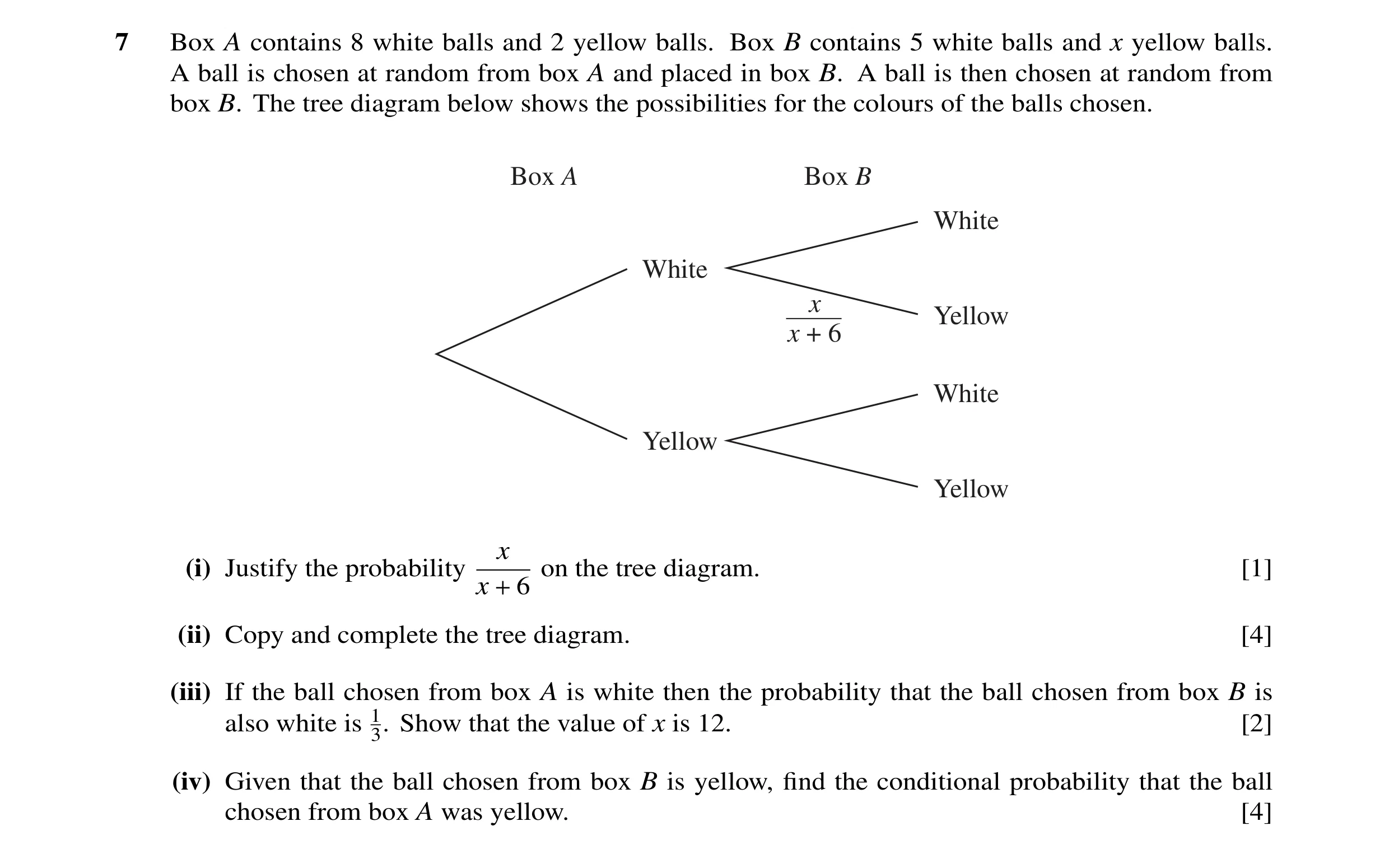 Question 46: Box A contains 8 white balls and 2 yellow balls. Box B contains 5 white balls and x yellow balls. A ball is chosen at random from box A and…