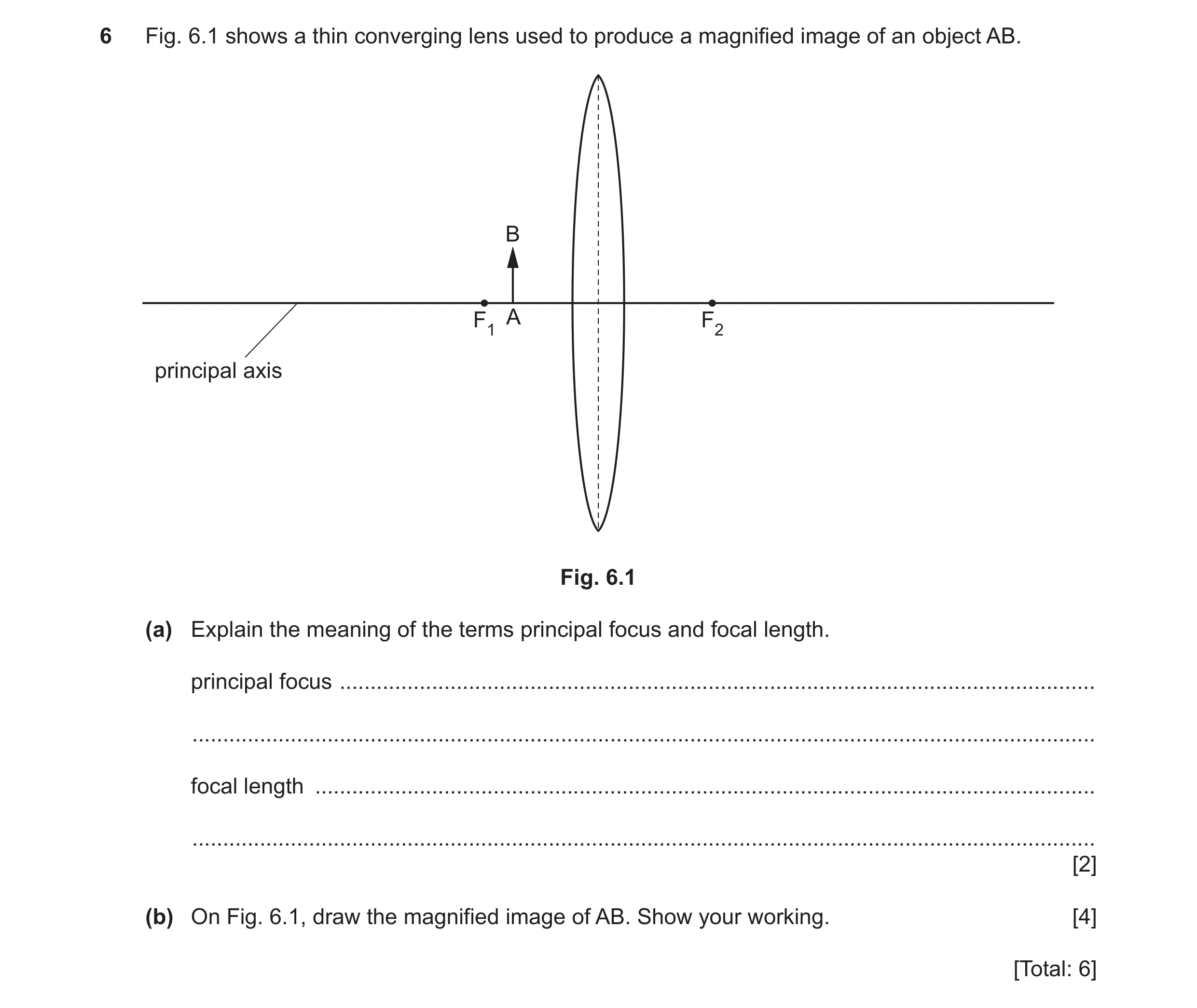 Question 45: Fig. 6.1 shows a thin converging lens used to produce a magnified image of an object AB. B F1 A F2 principal axis Fig. 6.1 (a) Explain the …
