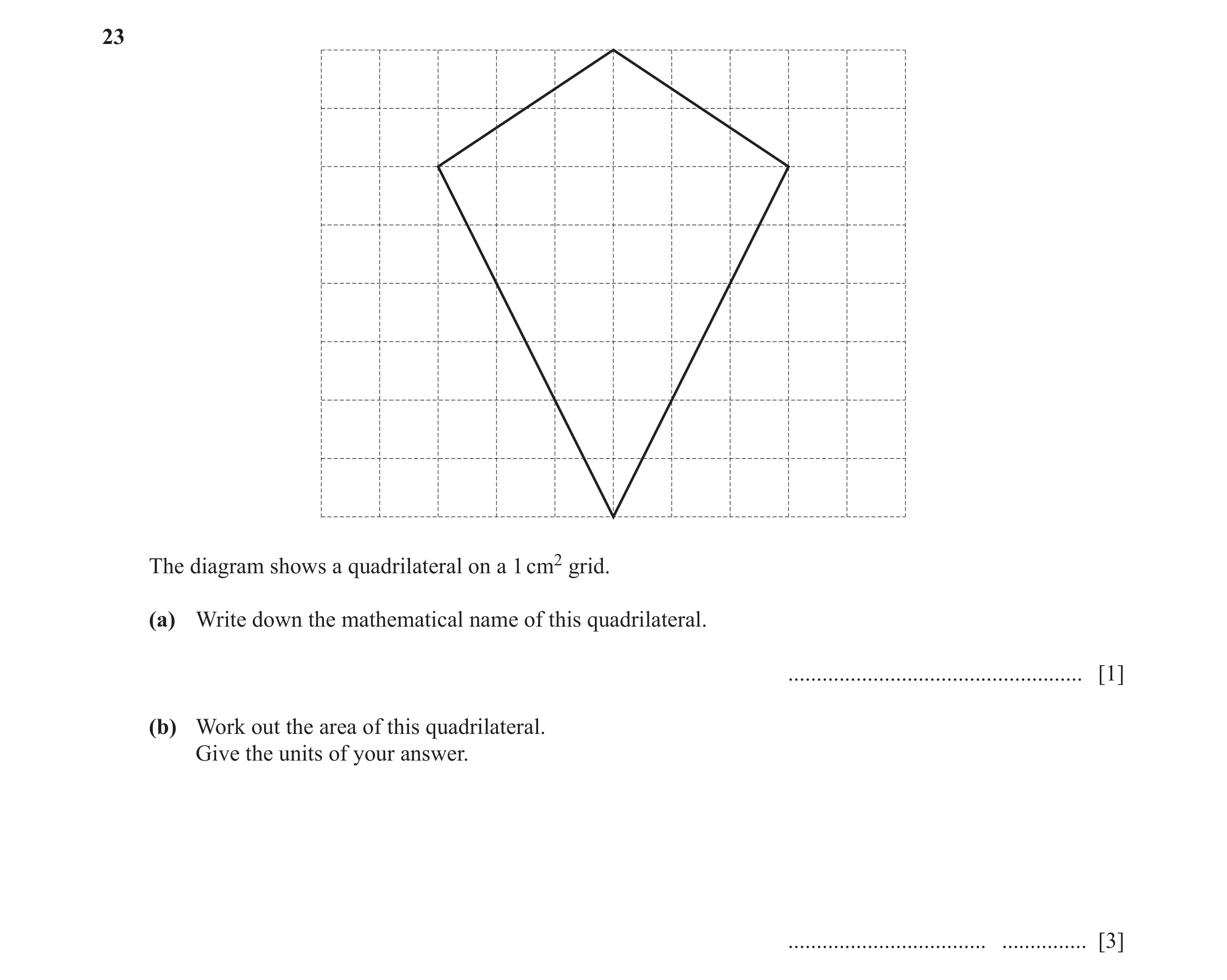 Question 23: The diagram shows a quadrilateral on a 1 cm2 grid. (a) Write down the mathematical name of this quadrilateral. ............................…